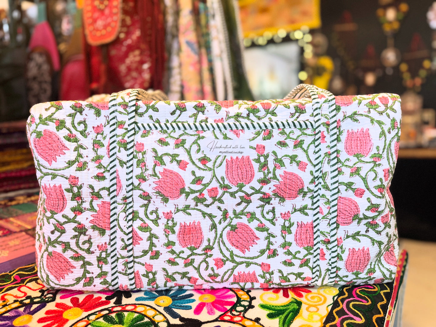 Rosette Bloom Weekender – Handmade Kantha Quilted Duffle | Floral Boho Travel Bag