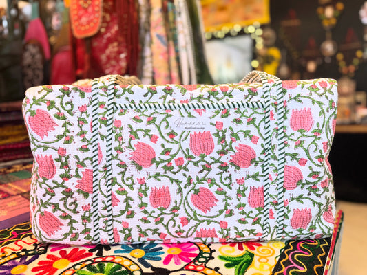 Rosette Bloom Weekender – Handmade Kantha Quilted Duffle | Floral Boho Travel Bag