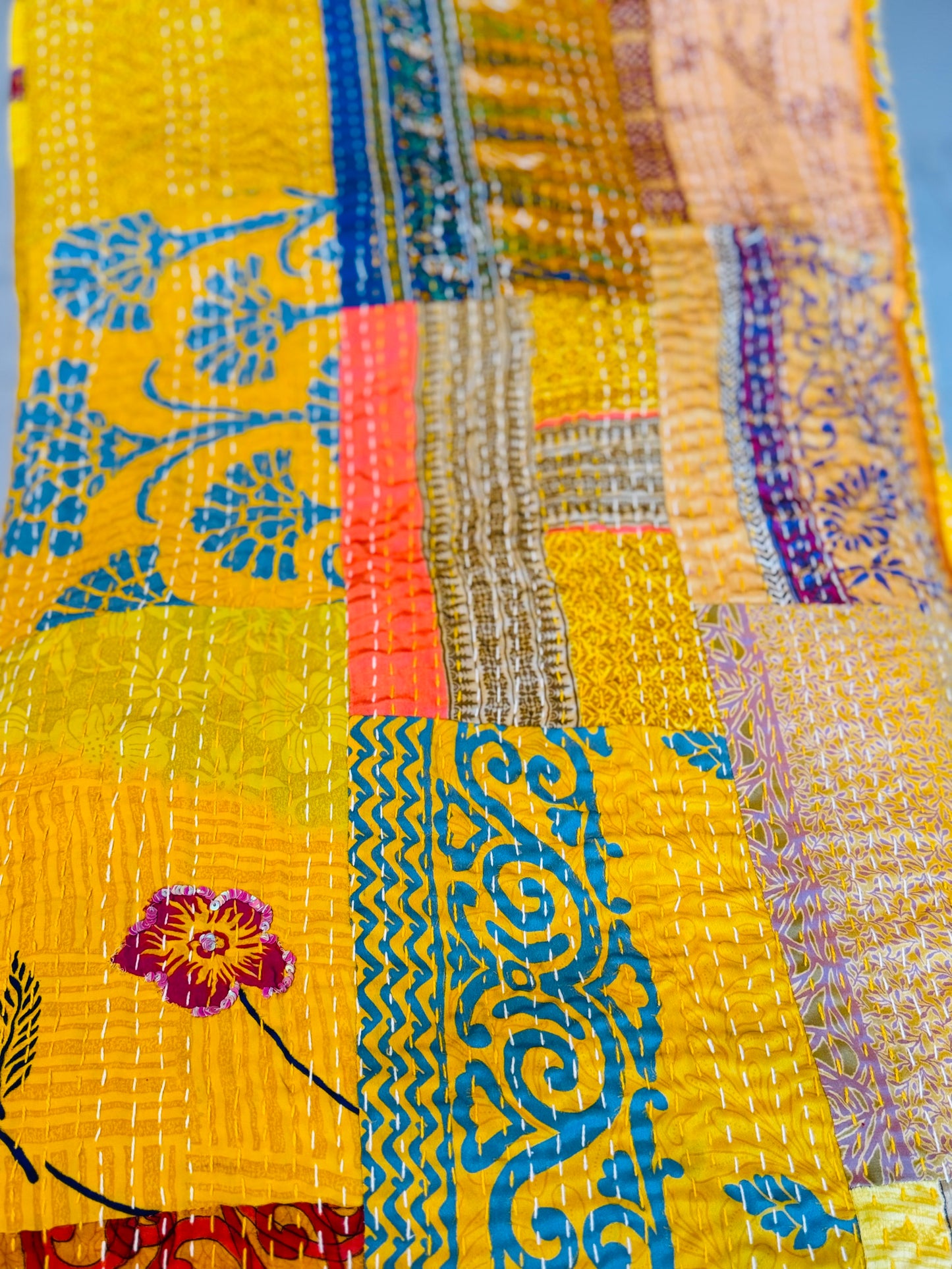 Silk Patchwork Kantha - Yellow- Queen/ King