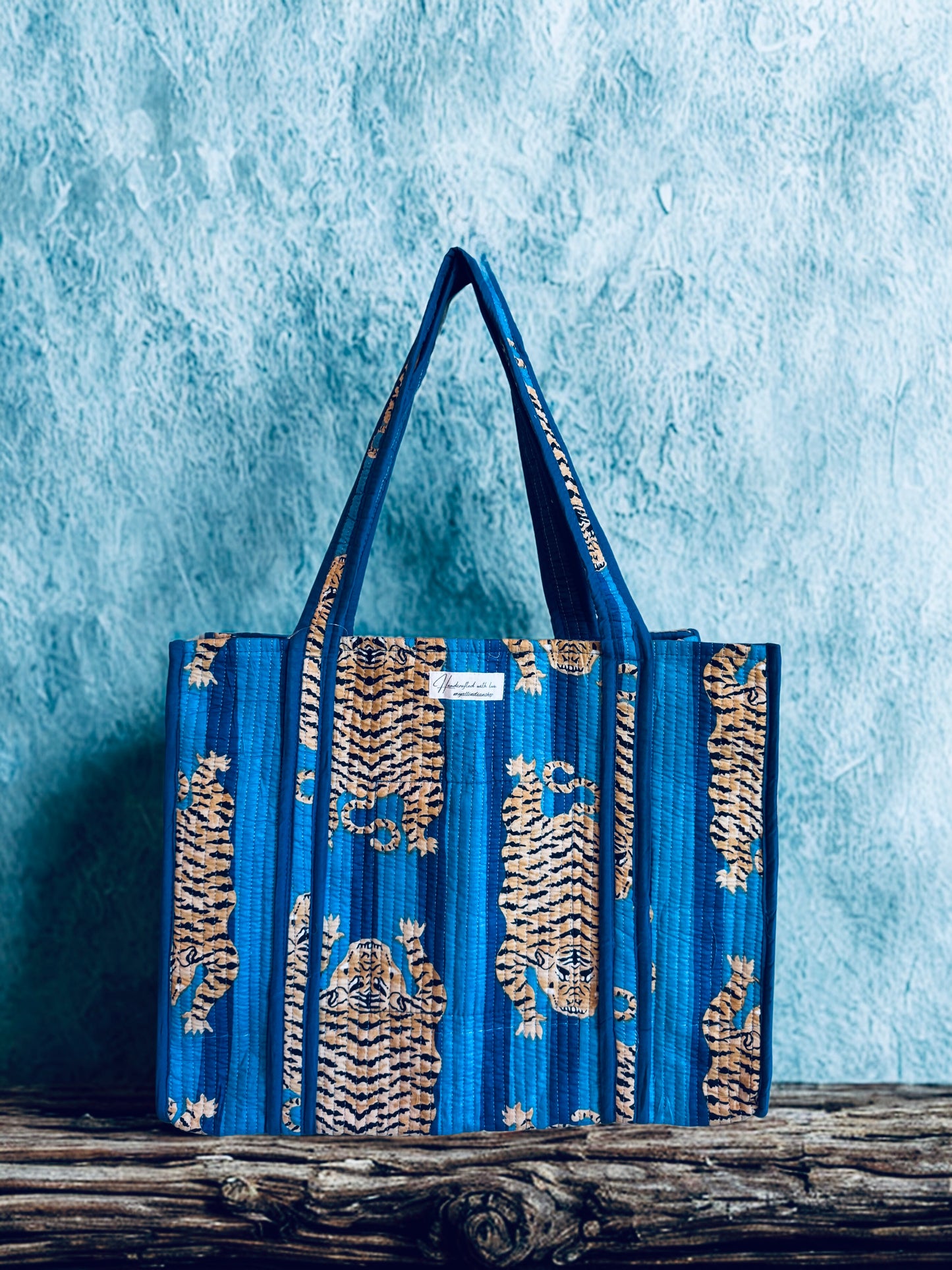Blue Tiger Trail Tote – Handmade Quilted Cotton Bag | Boho Travel Tote
