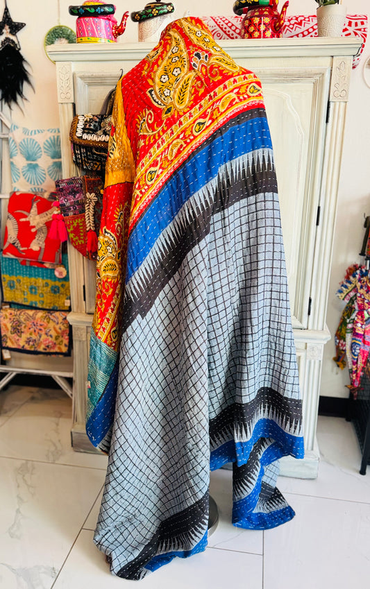 Blue and Black Saree Kantha Quilt – Twin Size - Throw Blanket