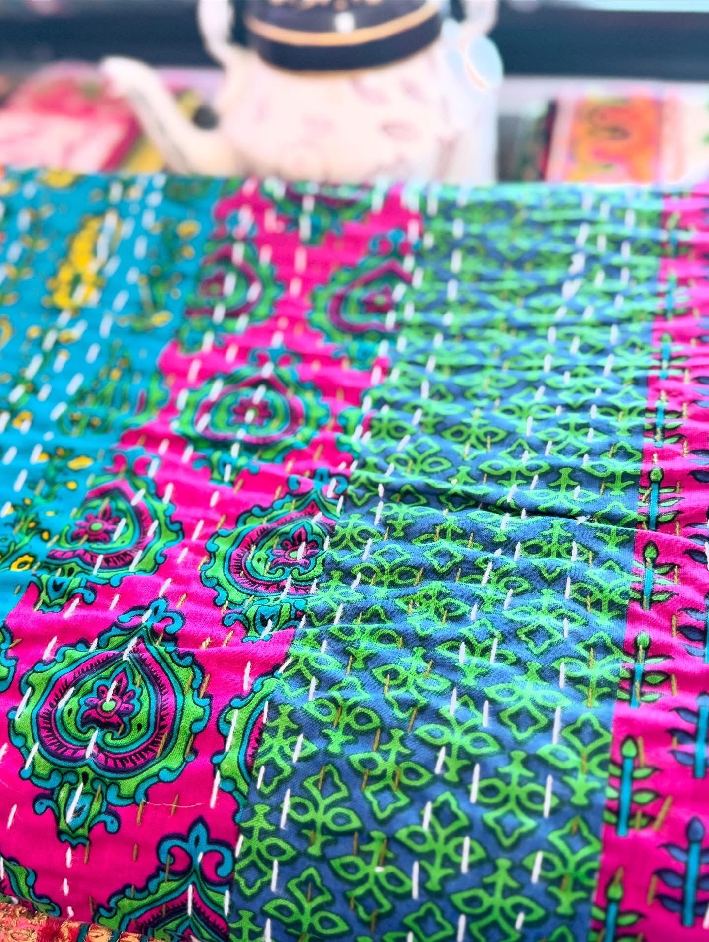 Colorblock Harmony – Handblock Printed Kantha Quilt – 100% Cotton | Handmade