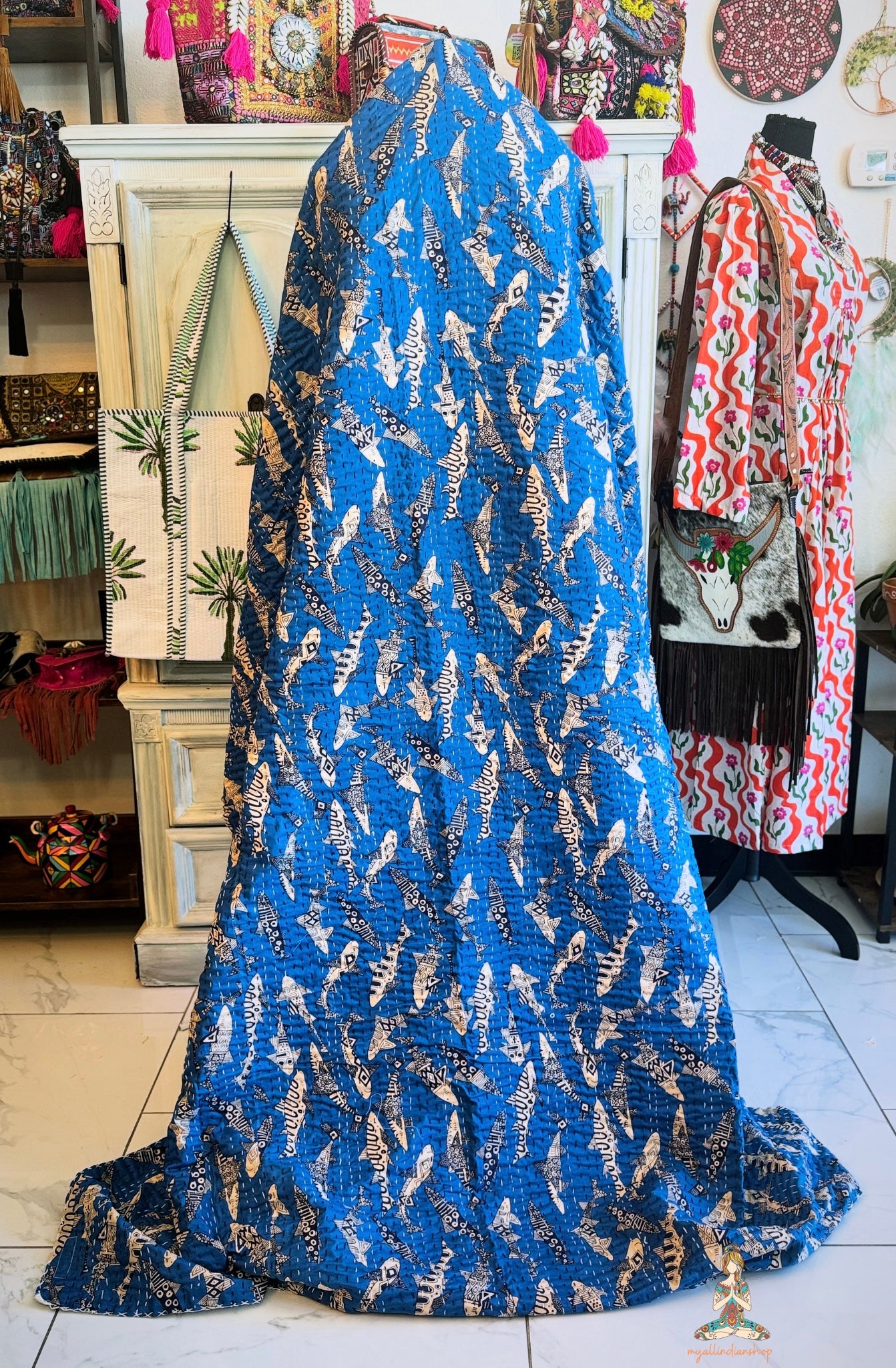 Indigo Shark Print Kantha Quilt | Cotton Lightweight Blanket | Throw/Twin Size