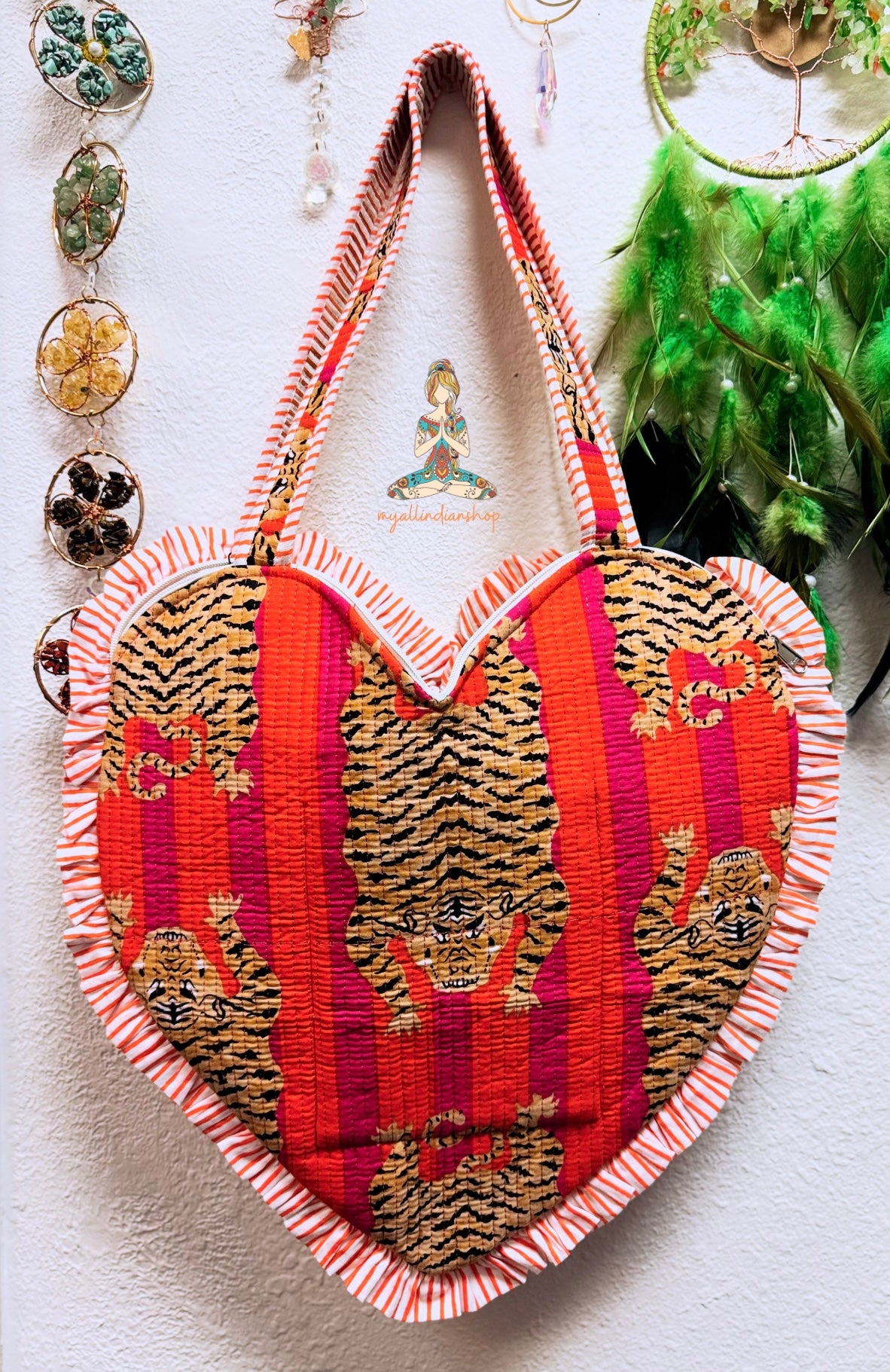 Heart Quilted Tote- Tiger- Orange - Zipper - Pocket