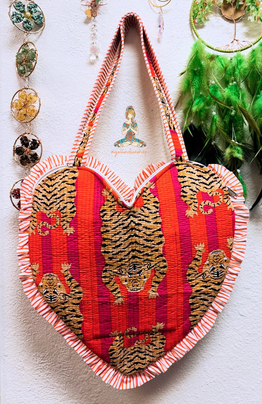 Heart Quilted Tote- Tiger- Orange - Zipper - Pocket