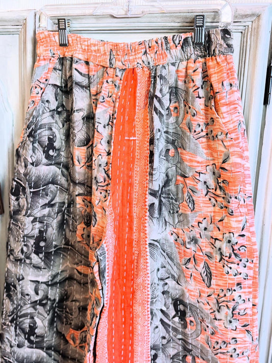 Charcoal Bloom – Handmade Kantha Cotton Pants | Wide Leg Boho Trousers
