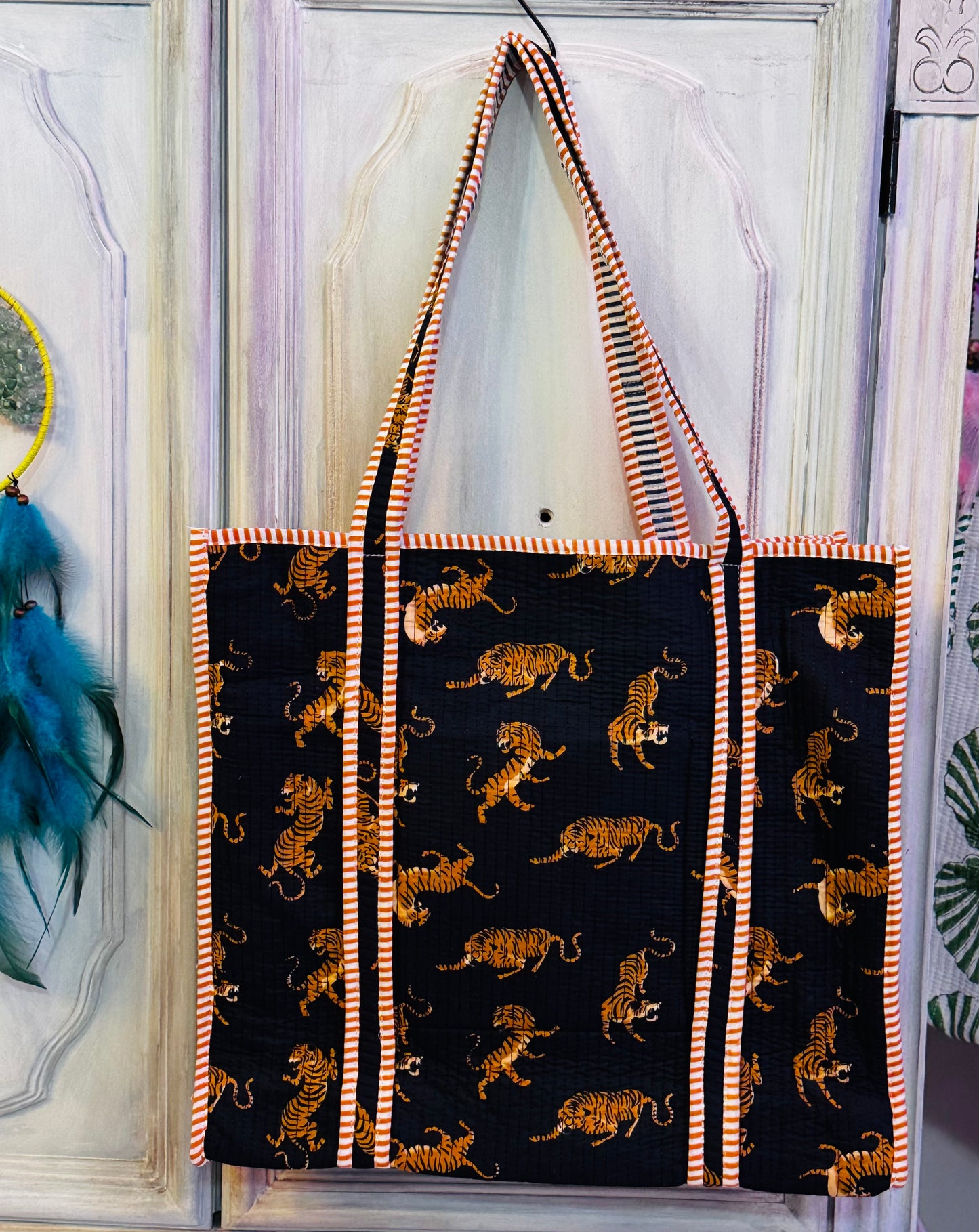 Handmade Quilted Tiger Tote – Unique Cotton Bag | Bold & Artistic