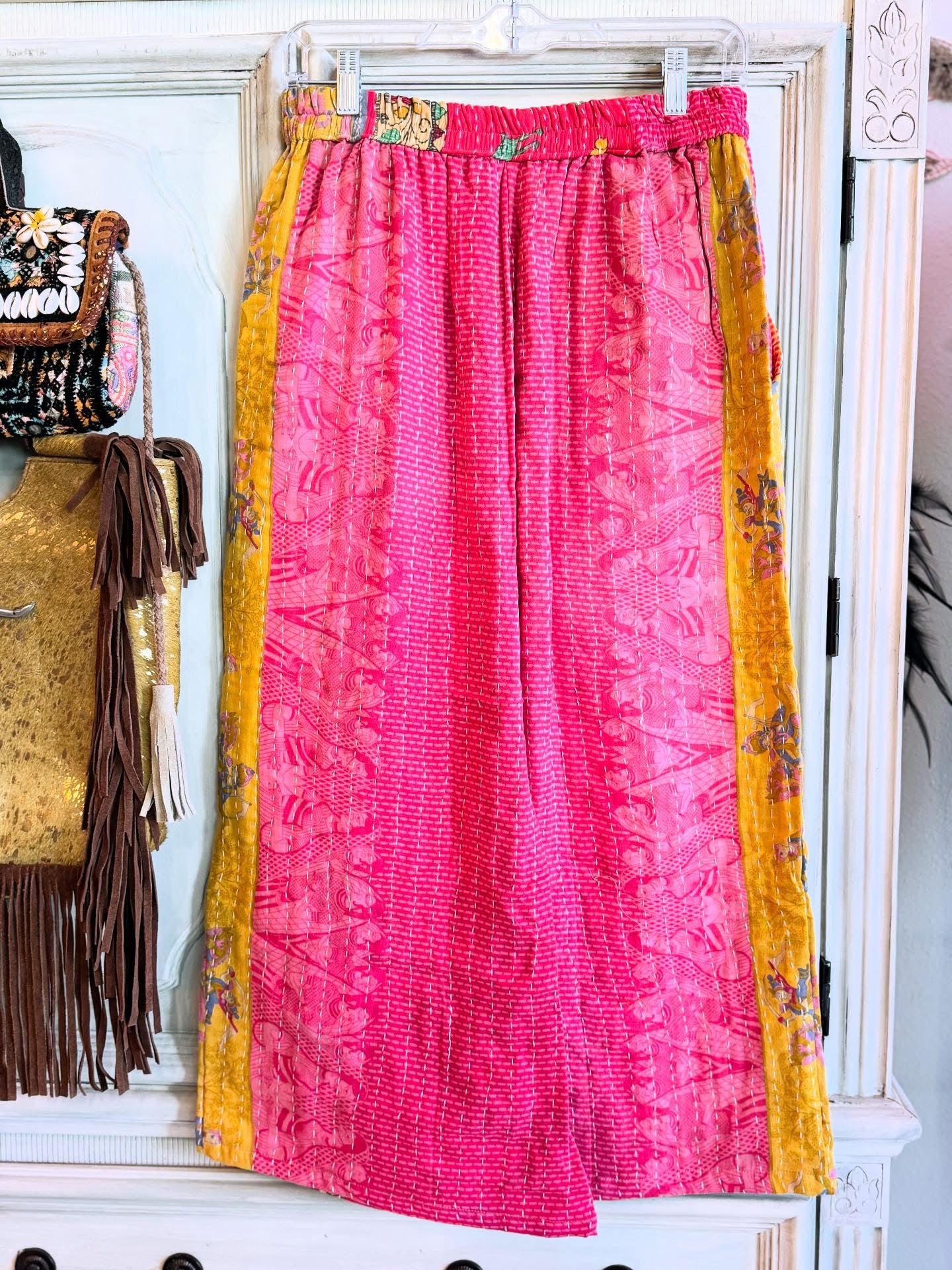 Deer Parade – Handmade Kantha Cotton Pants | Wide Leg Boho Trousers