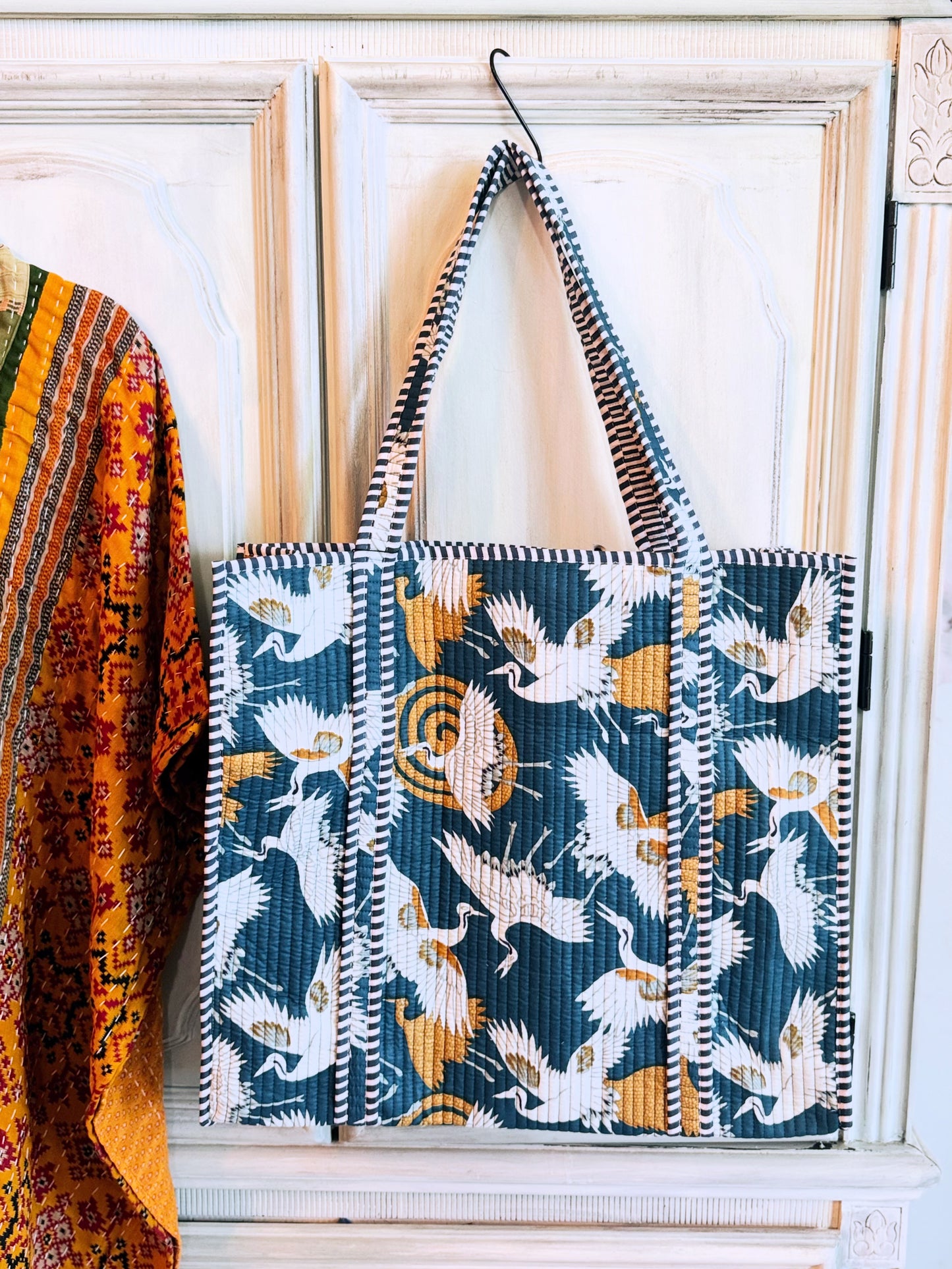 Azure Crane Flight Quilted Tote – Blue Crane Print Cotton Tote Bag, Hand Block Printed, Large Reversible Shopper with Pocket