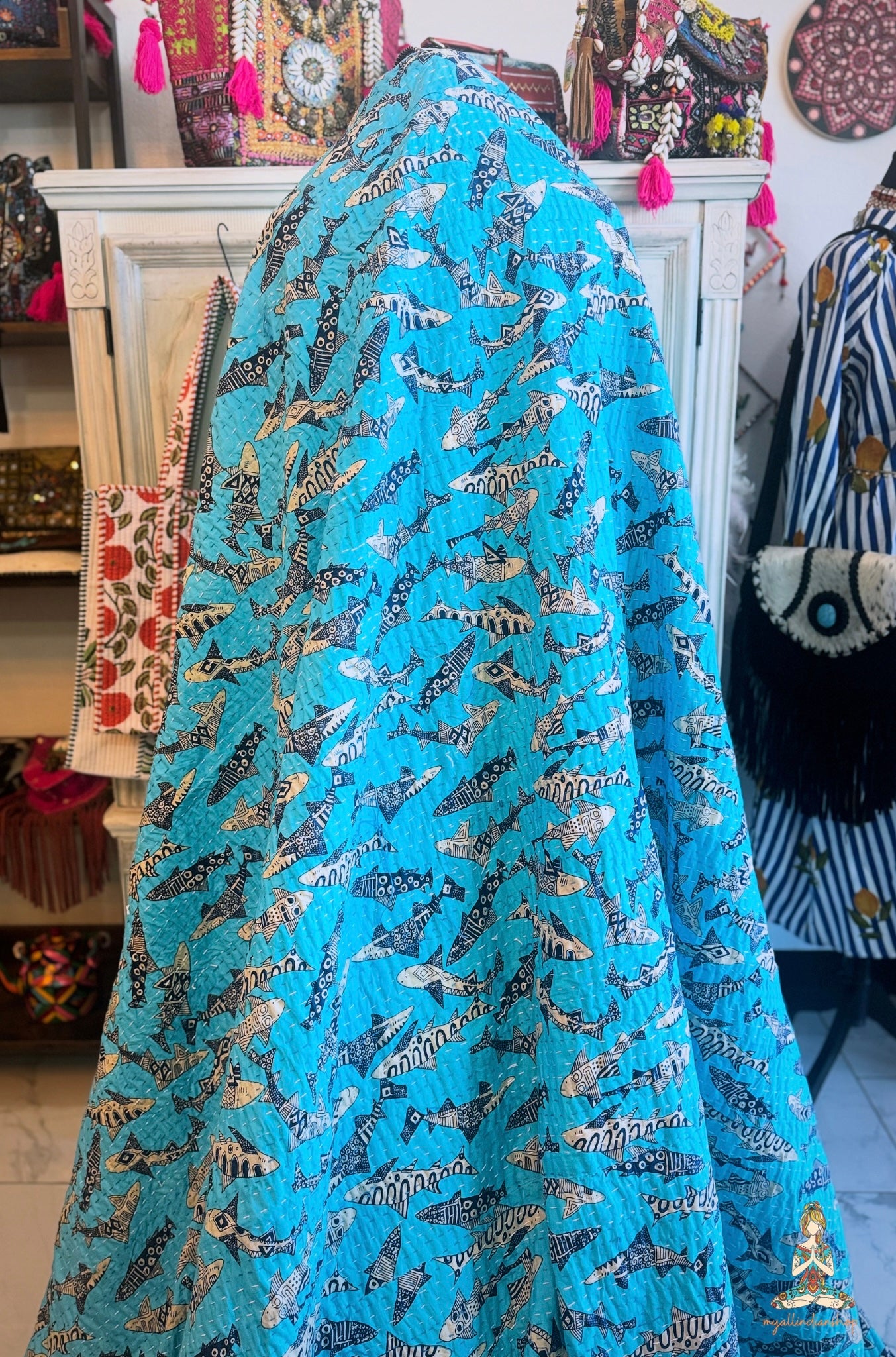 Turquoise Tide | Tribal Shark Print Kantha Quilt | 100% Cotton | Handmade | 90x110” Queen/King