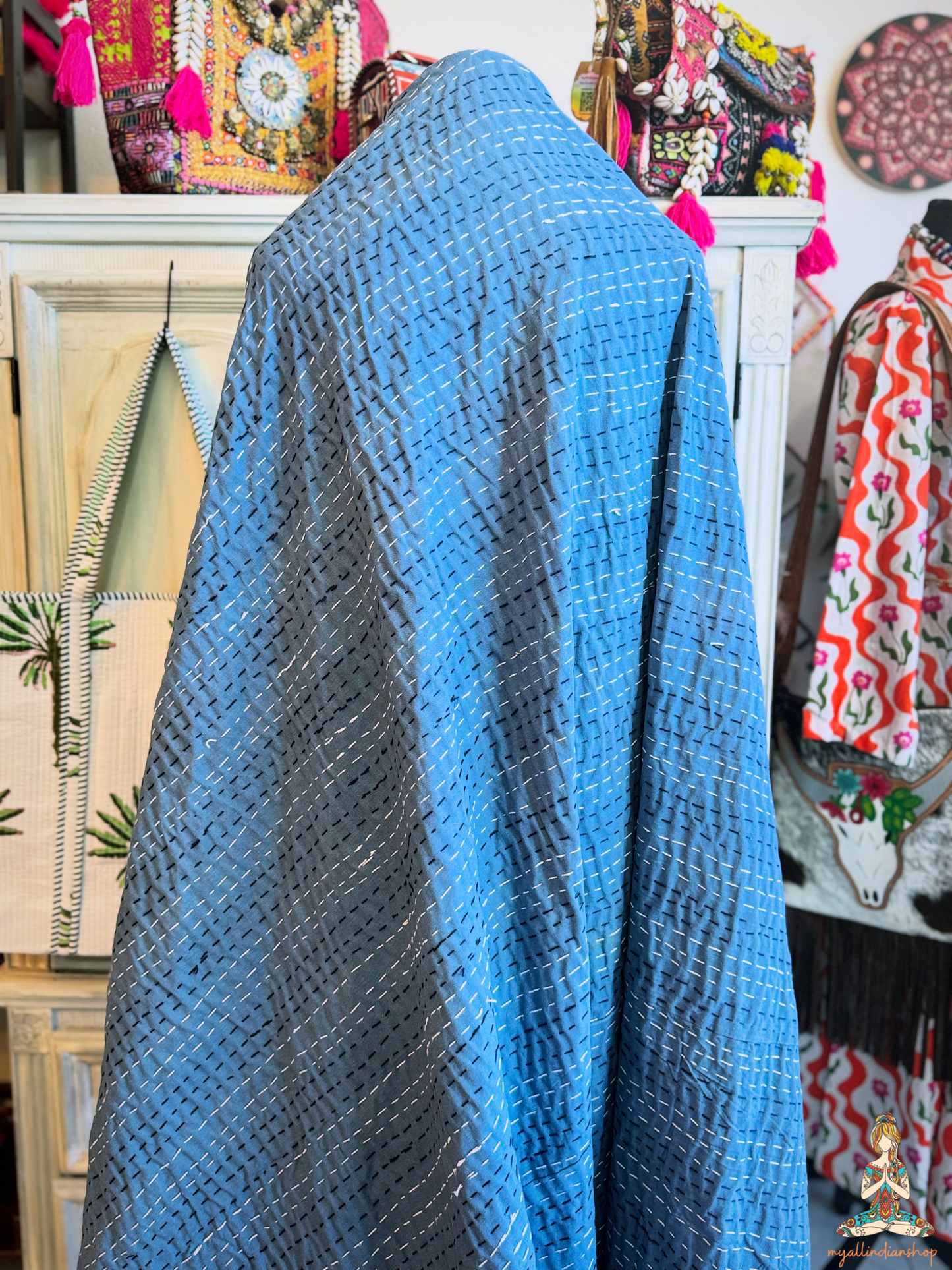 Turquoise Shark Print Kantha Quilt | Cotton Lightweight Blanket | Throw/Twin Size