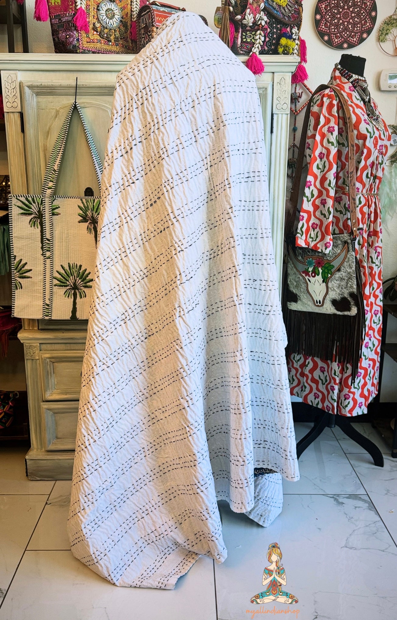 Indigo Shark Print Kantha Quilt | Cotton Lightweight Blanket | Throw/Twin Size