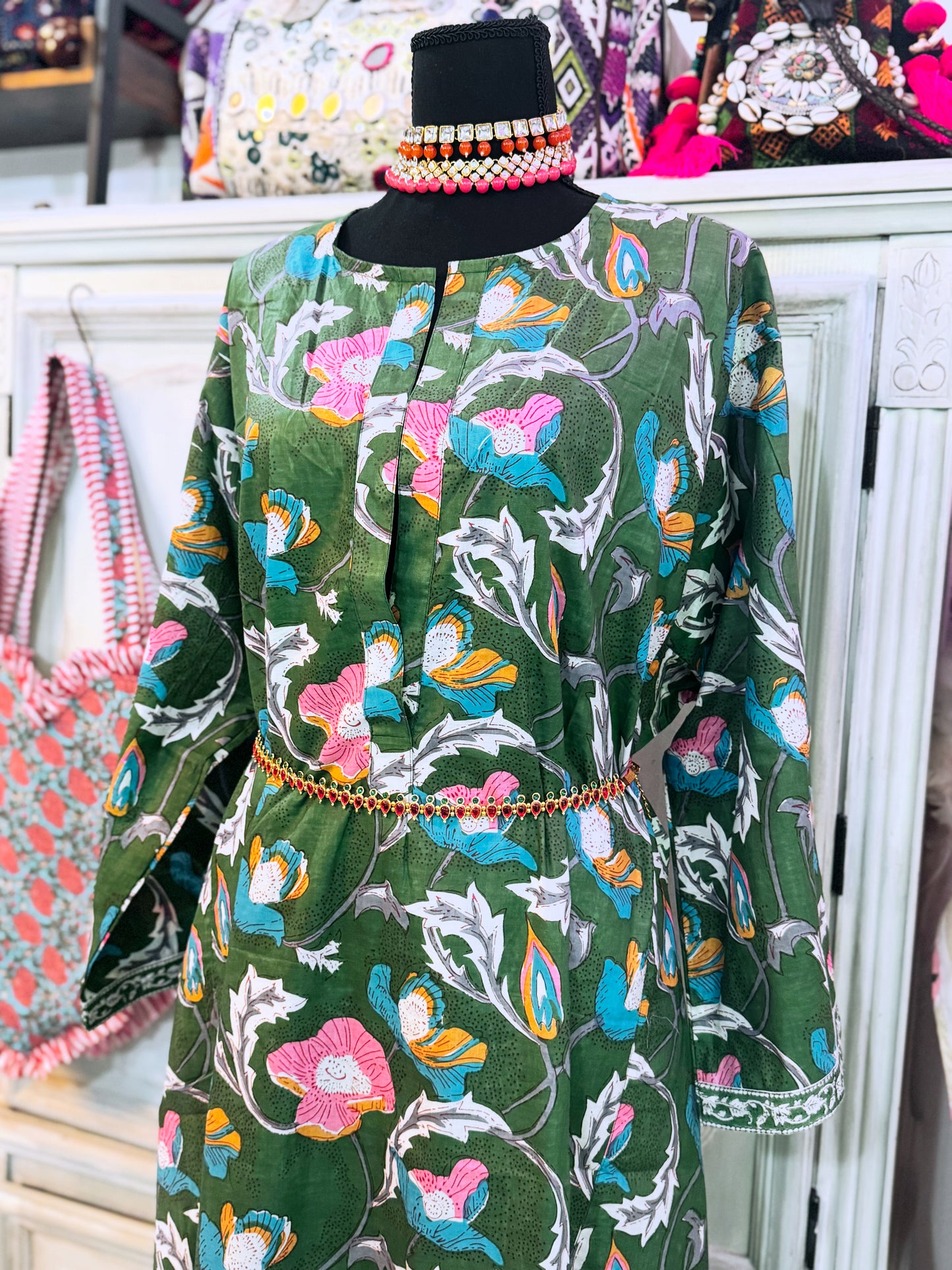 Emerald Bloom Hand Block Print Cotton Maxi Dress – Women’s Long Sleeve Dress with Pockets