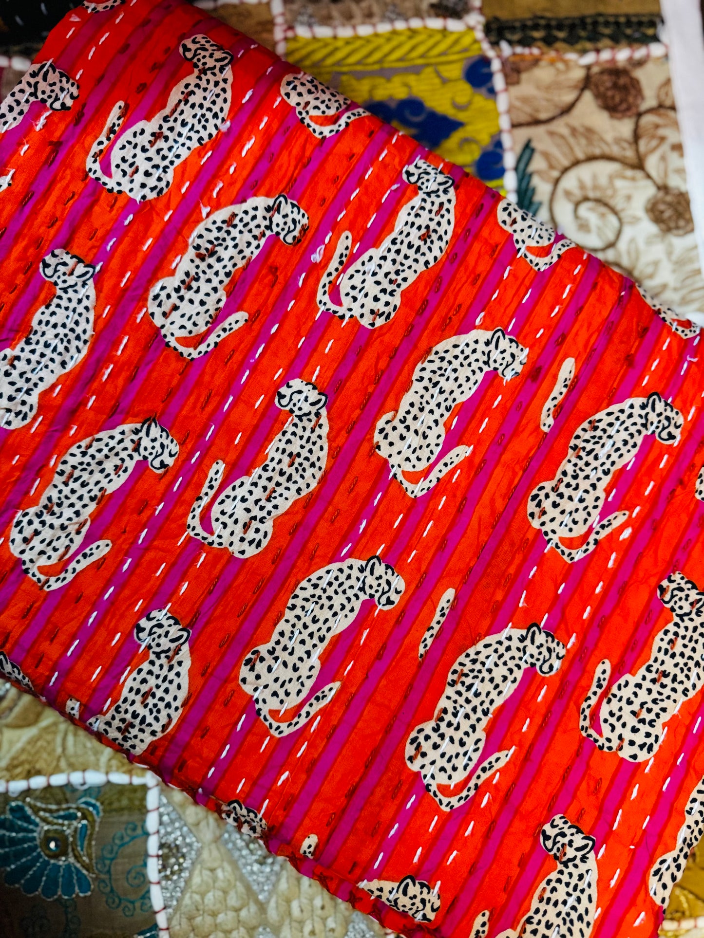 Sunset Chase – Orange Cheetah Handblock Printed Kantha Quilt | 100% Cotton | Handmade
