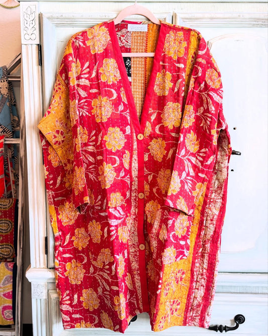 Red and yellow floral patterned kantha kimono handmade with saree quilts 100% cotton 
