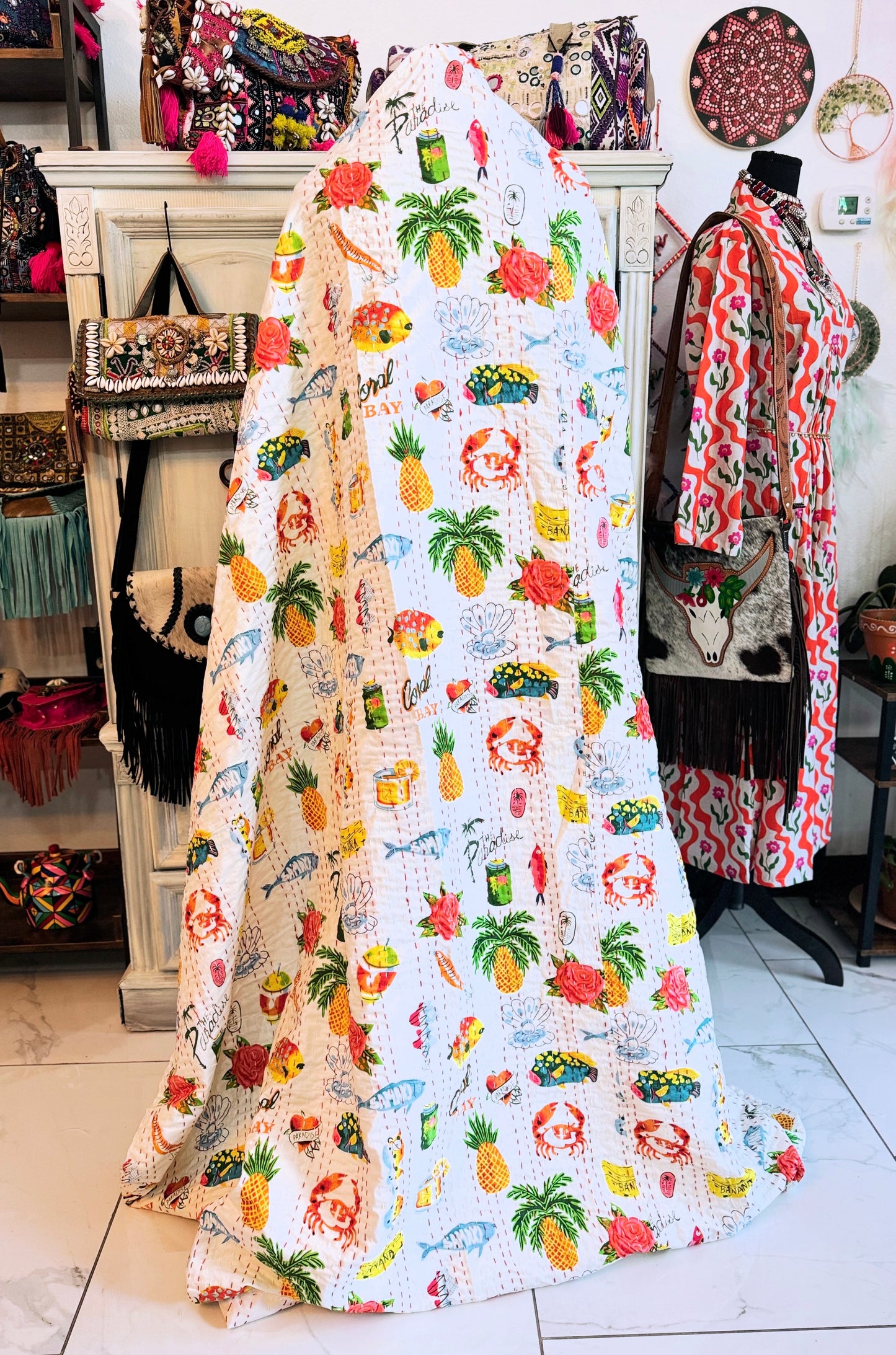 Tropical Print Kantha Quilt | Cotton Lightweight Blanket | Throw/Twin Size
