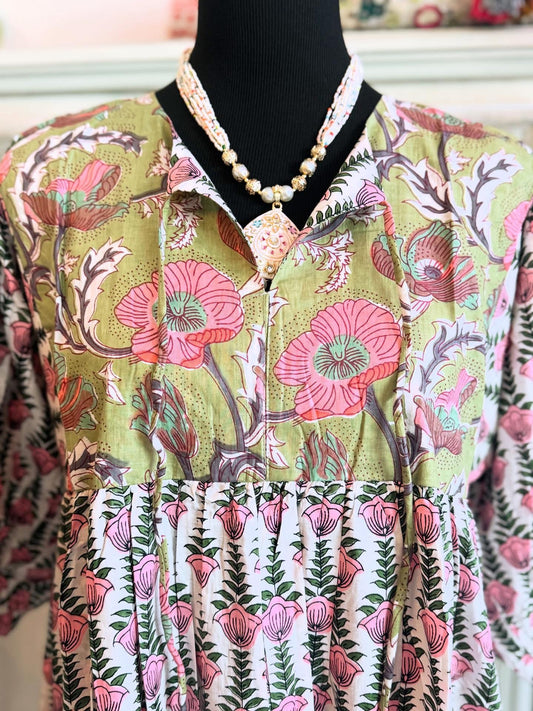 Olive Petal - Mixed Print Cotton Dress - Pink and Olive Tones