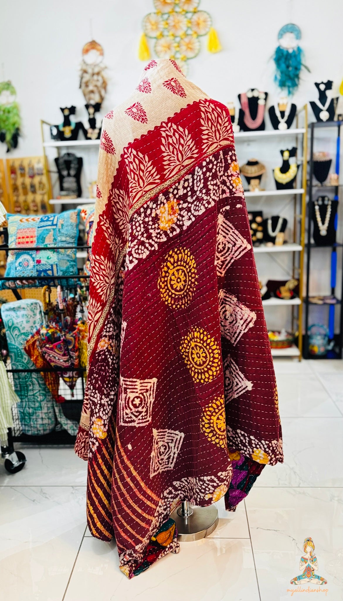 Royal Green Saree Kantha Quilt – Twin Size - Throw Blanket