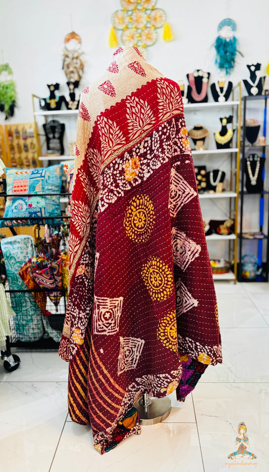 Royal Green Saree Kantha Quilt – Twin Size - Throw Blanket
