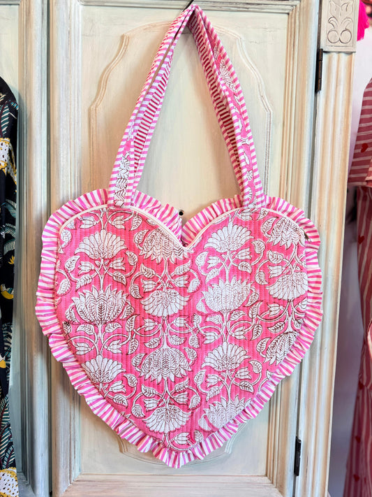 Sweet Petal Heart Tote – Handmade Quilted Cotton Bag with Zipper & Frill Detail | Valentine’s Gift