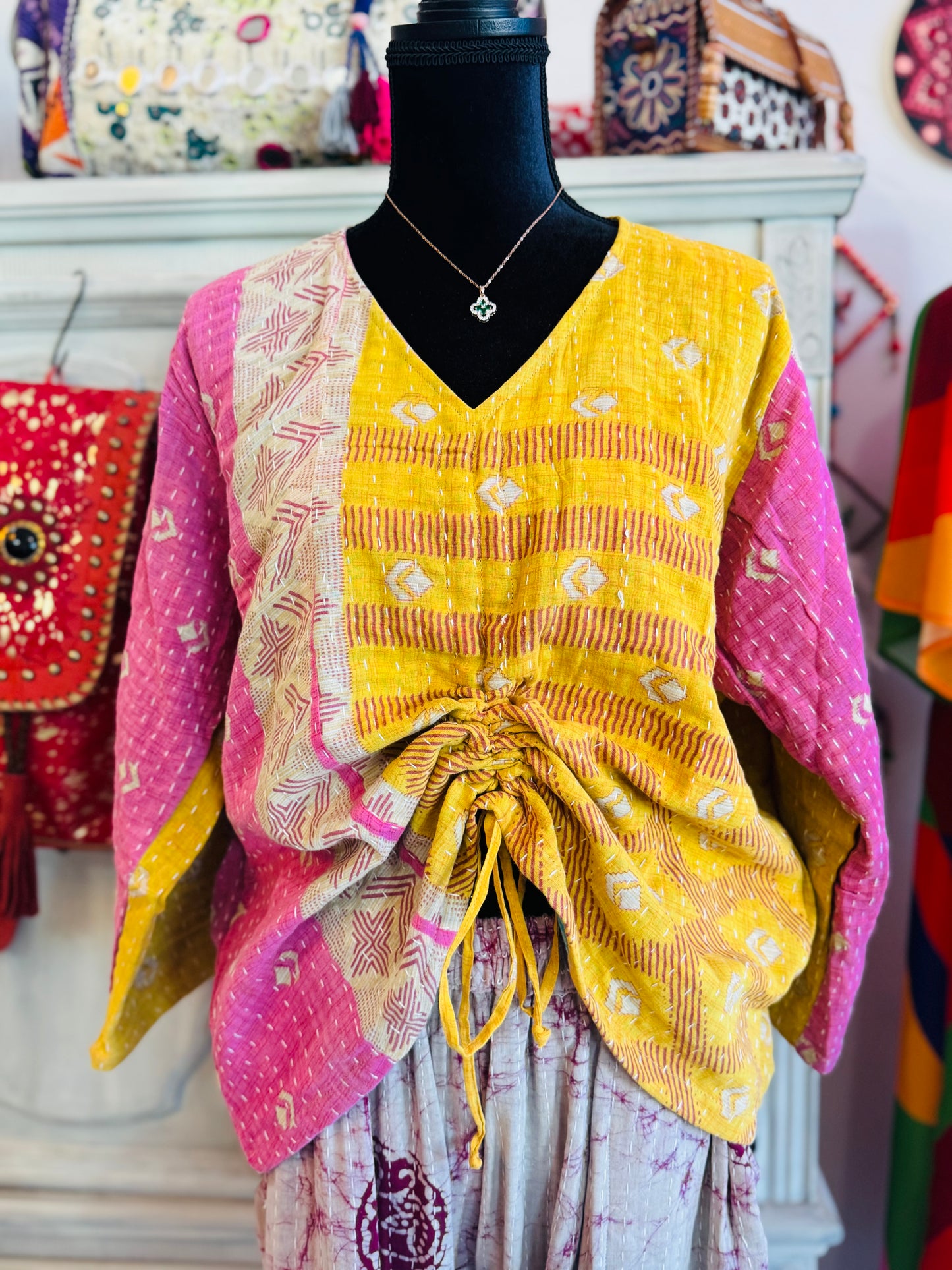 Golden Lotus Haze Butterfly 2-Way Top – Handmade | 100% Cotton Boho Blouse