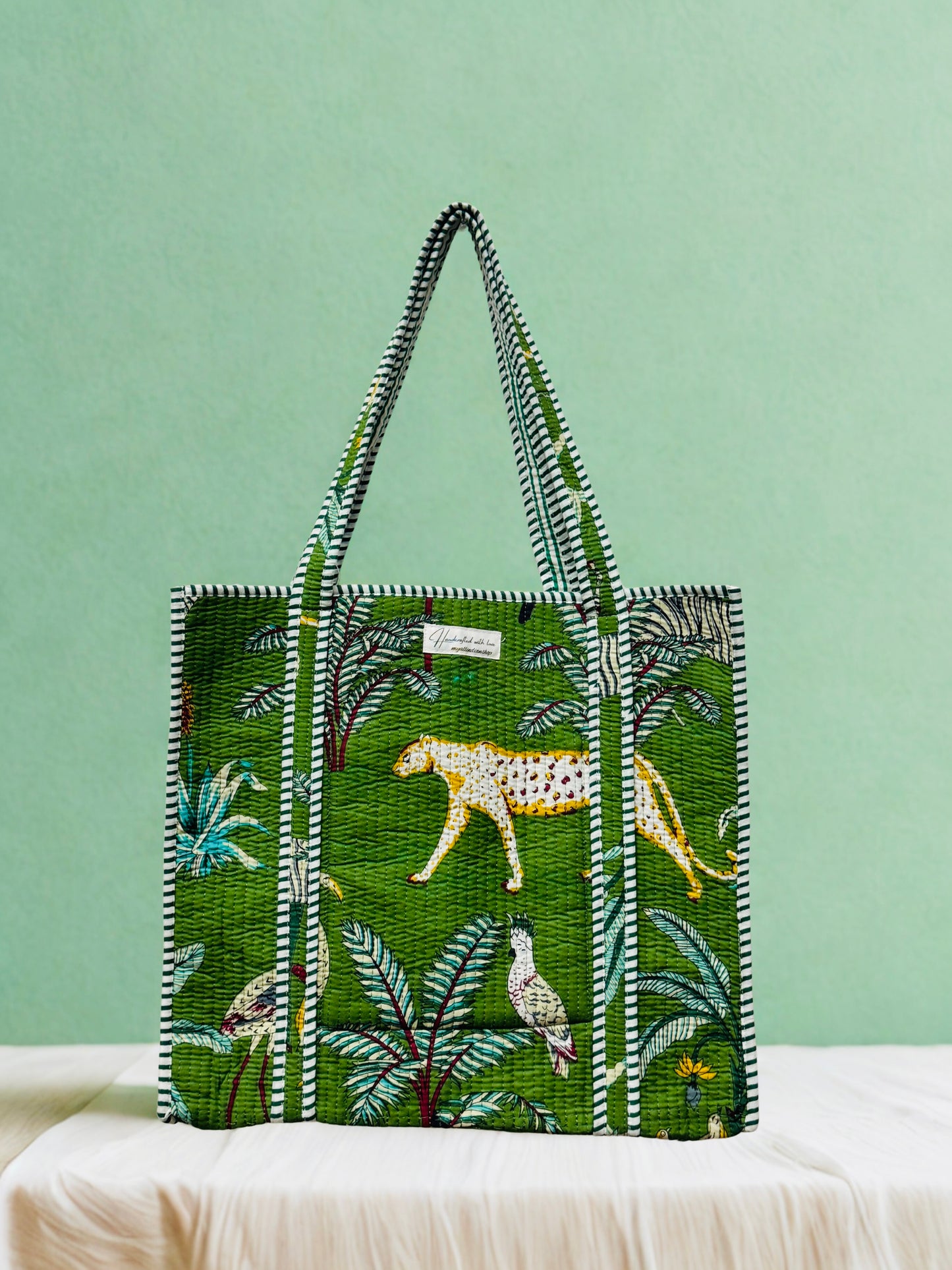 Jungle Muse Tote – Handmade Quilted Cotton Bag | Green Safari Market Tote