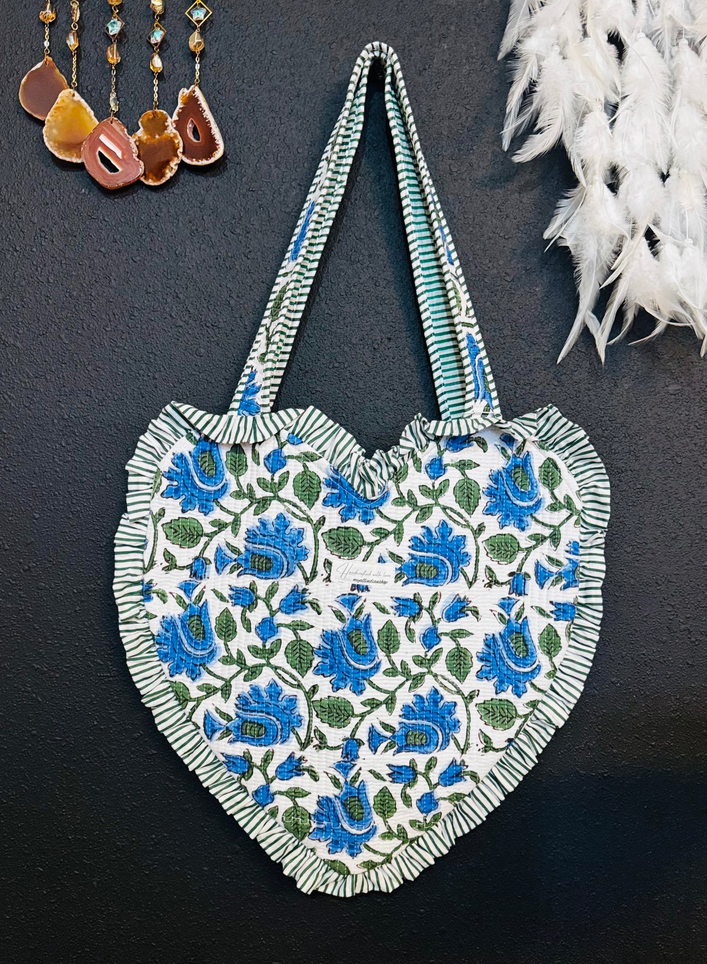 Heart-Shaped Quilted Tote Bag | Hand Block-Printed 100% Cotton | Handmade Zipper Tote