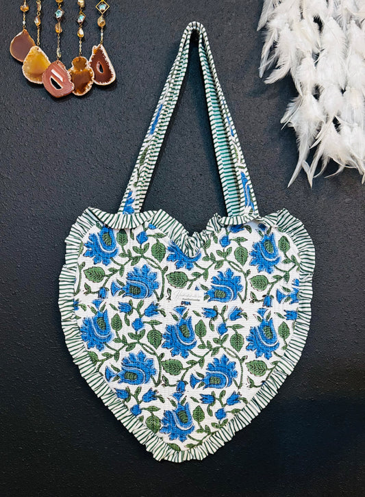 Heart-Shaped Quilted Tote Bag | Hand Block-Printed 100% Cotton | Handmade Zipper Tote