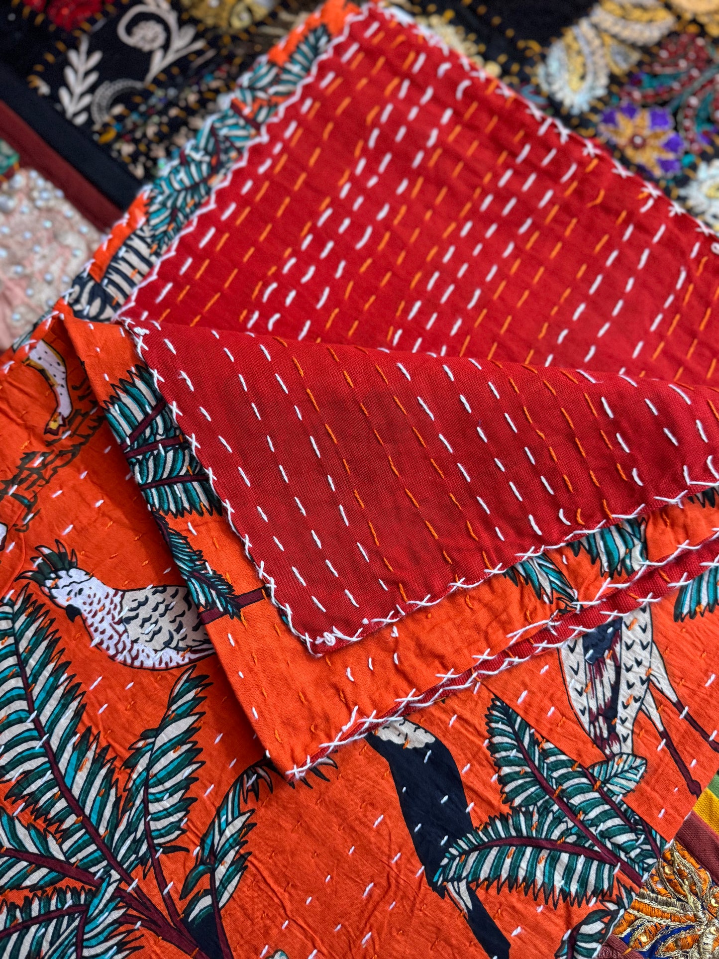 Jungle Print- Orange- Handblock Printed Kantha Quilt | Cotton | Handmade