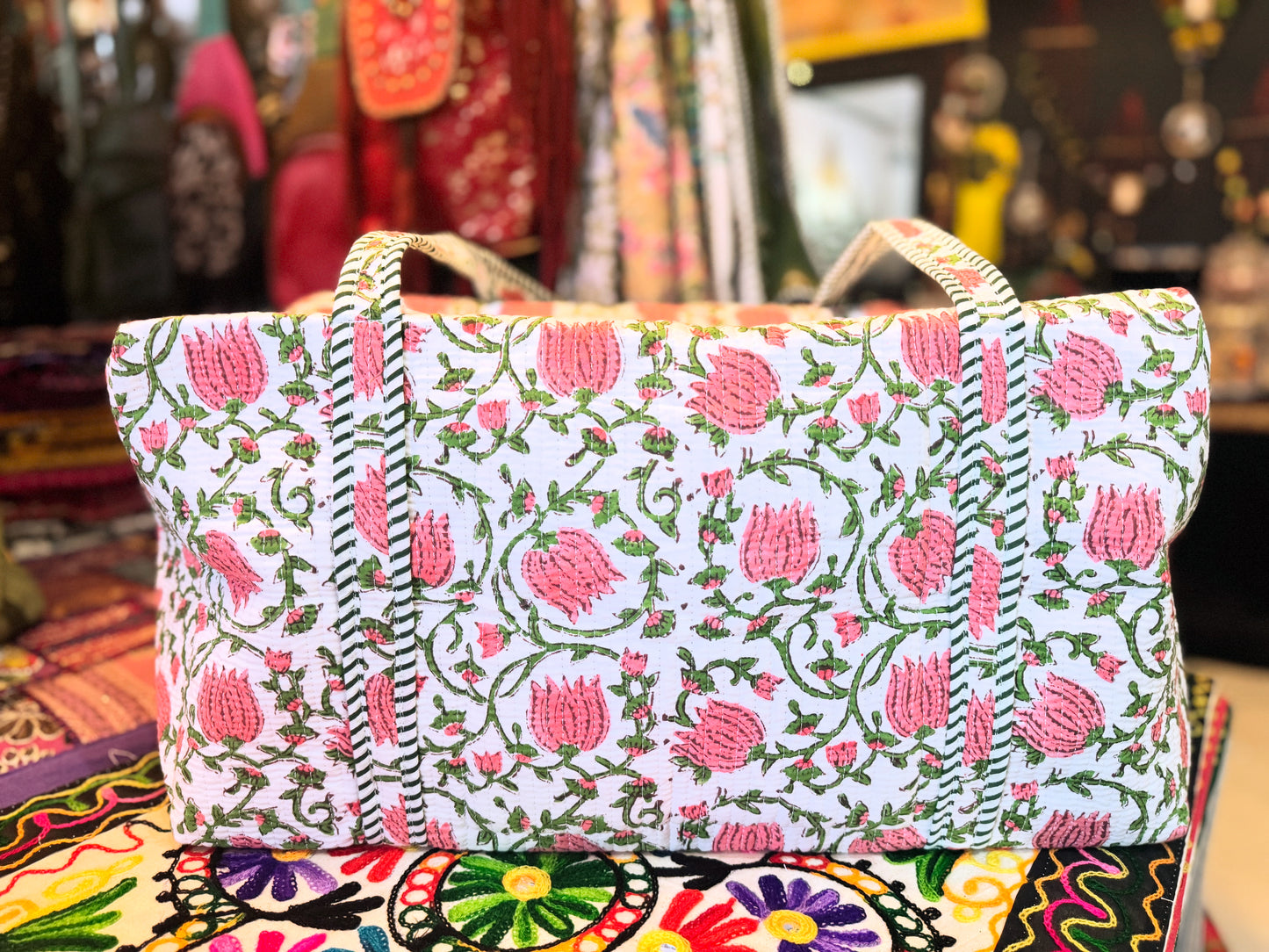 Rosette Bloom Weekender – Handmade Kantha Quilted Duffle | Floral Boho Travel Bag