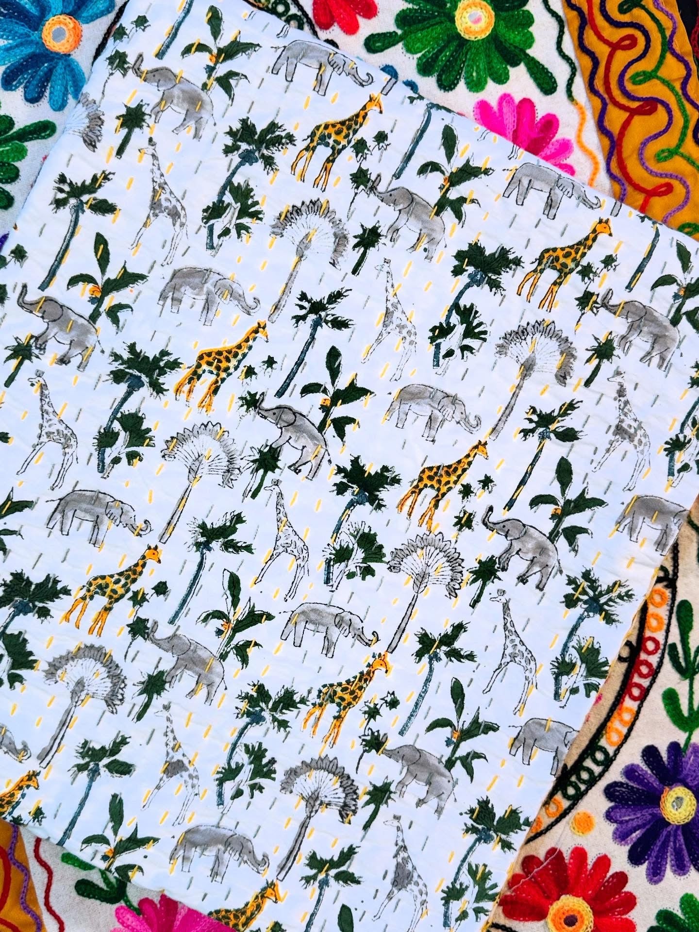 Kantha Cotton Quilt – Safari Adventure Print | Handmade Toddler Blanket
