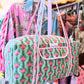 Handmade Quilted Weekender Bag – Pink Floral Block Print – Green
