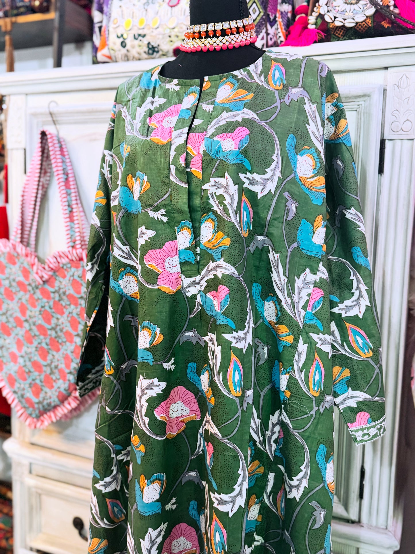 Emerald Bloom Hand Block Print Cotton Maxi Dress – Women’s Long Sleeve Dress with Pockets