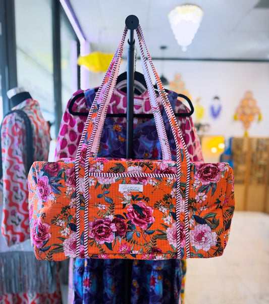 Pink Roses Quilted Duffel Bag – Handmade Floral Block Print Weekender Bag with Unicorn Lining