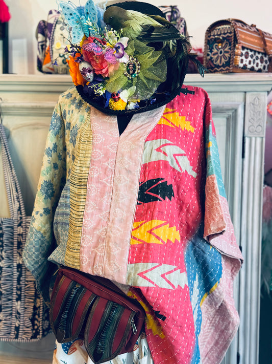 Handmade Kantha Poncho – Blossom Skies | Unisex | 100% Cotton Boho Top