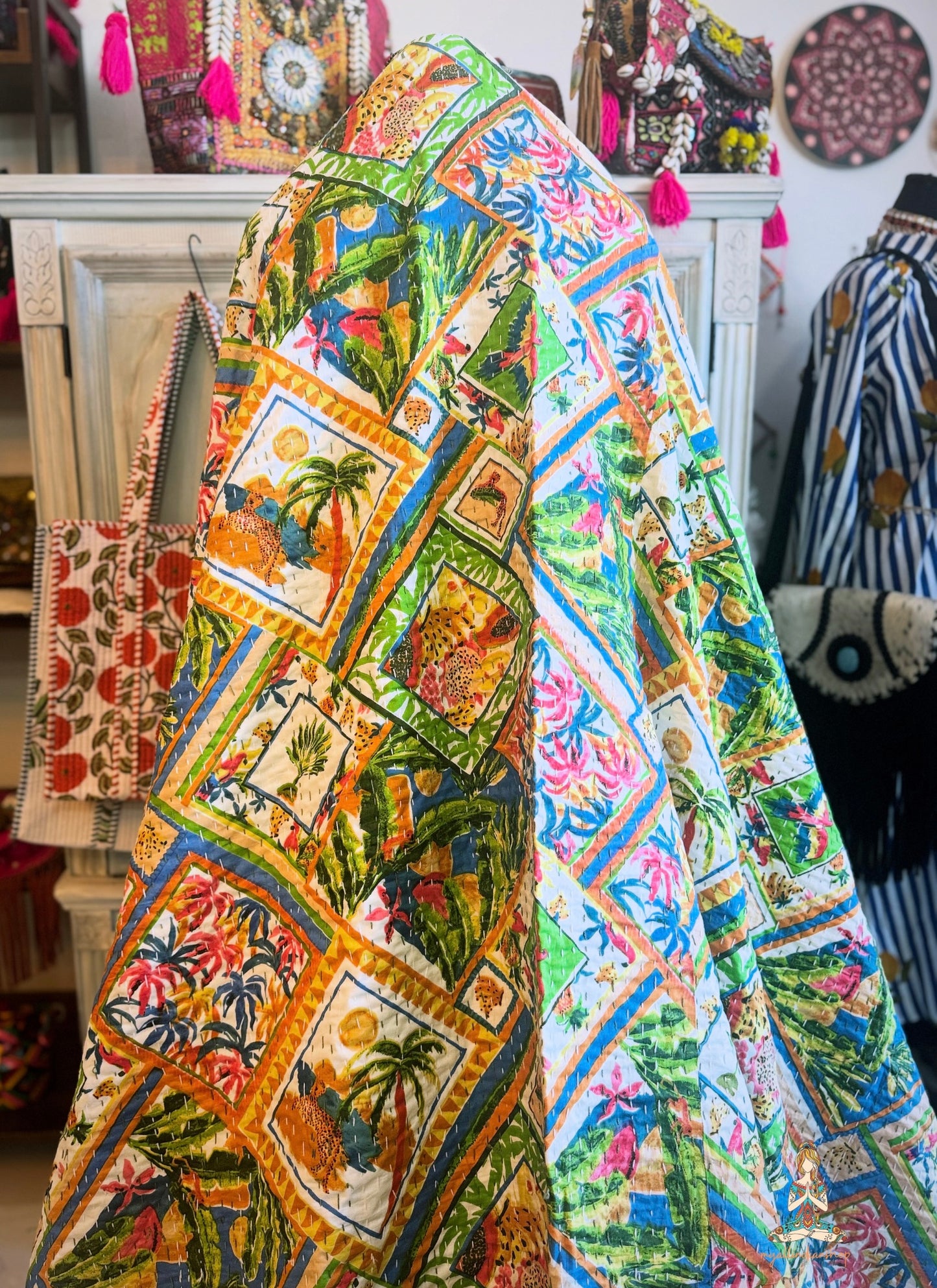 Wild Tropics | Patchwork Print Kantha Quilt | 100% Cotton | Handmade | 90x110” Queen/King