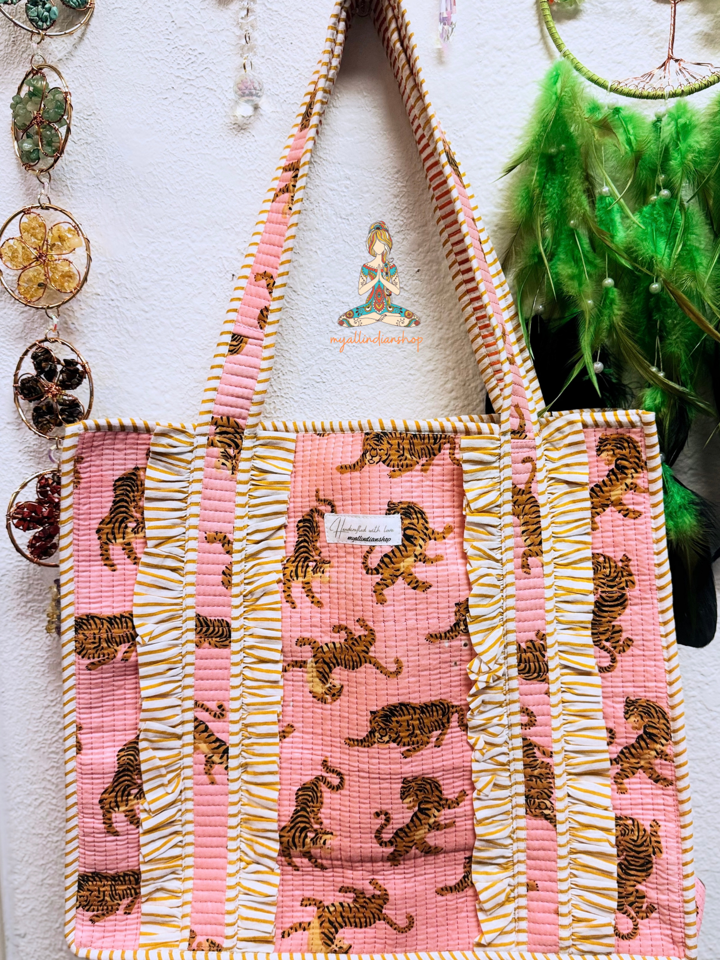 Baby Pink Tiger Print Reversible Quilted Tote Bag | Bengal Blush Hand Block Print Ruffle Tote