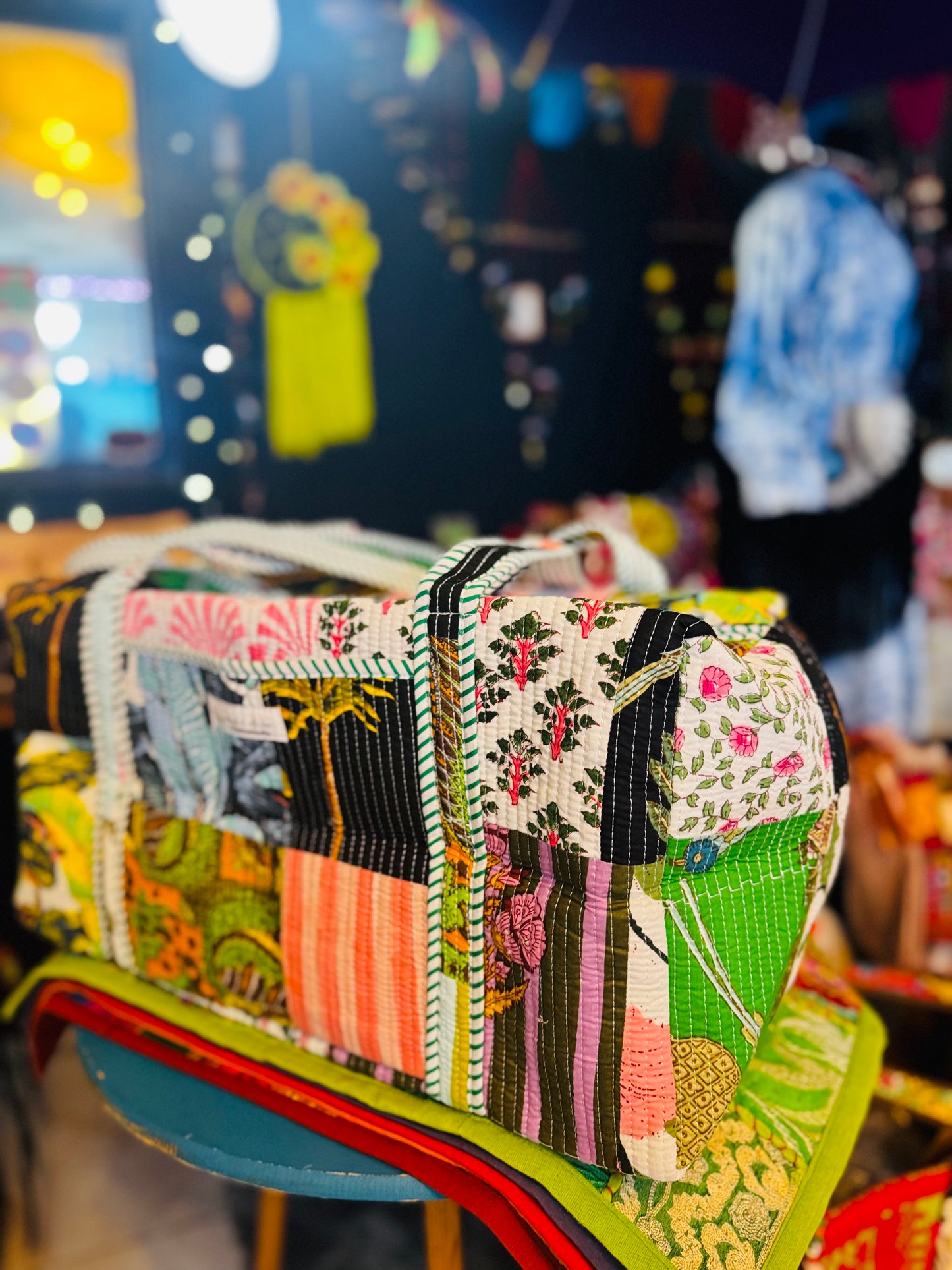 Tropical Palm Patchwork Quilted Duffel Bag – Handmade Botanical Block Print Cotton Weekender Bag