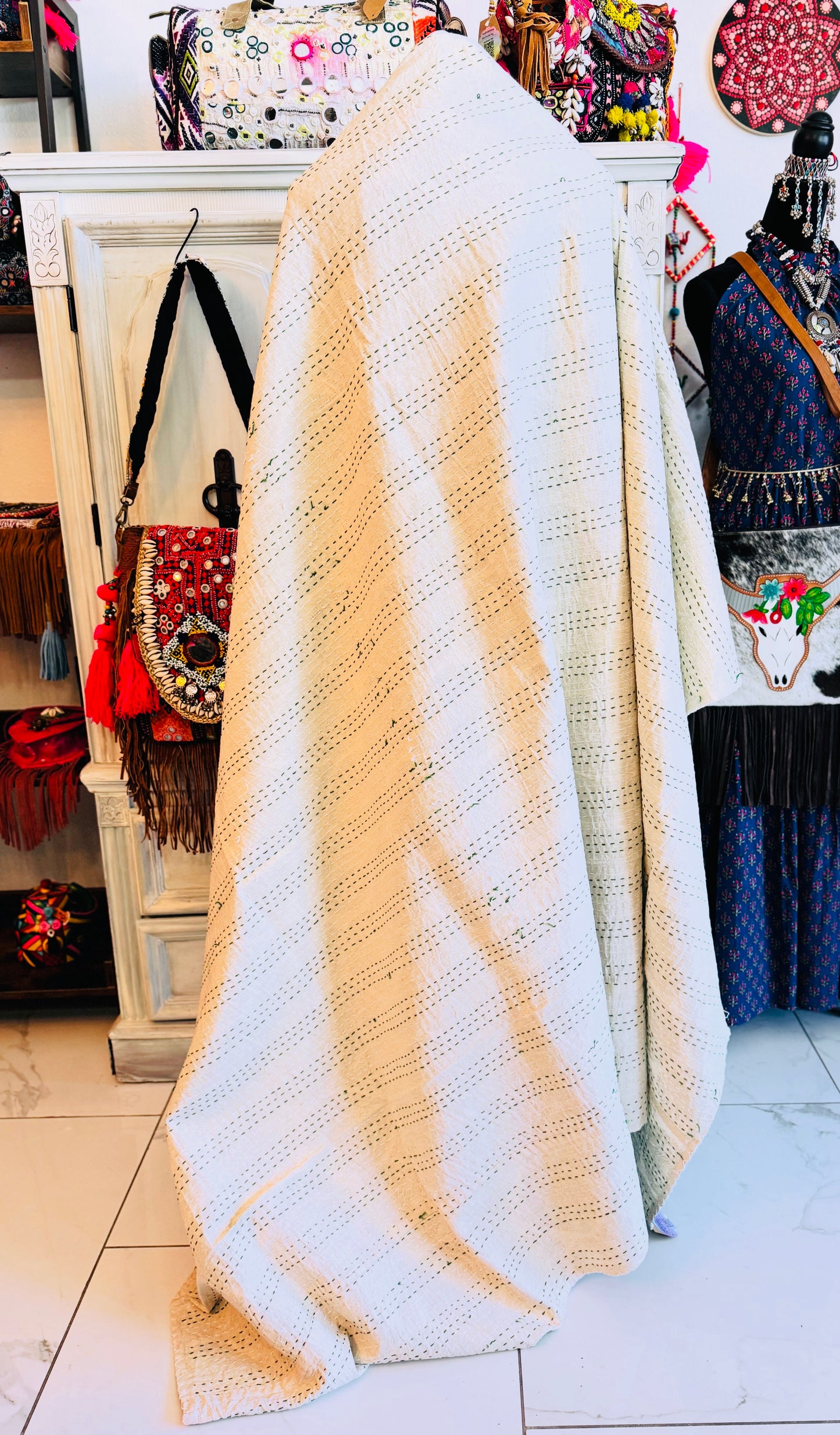 Green Leaf Kantha Quilt | Cotton Lightweight Blanket | Throw/ Twin Size
