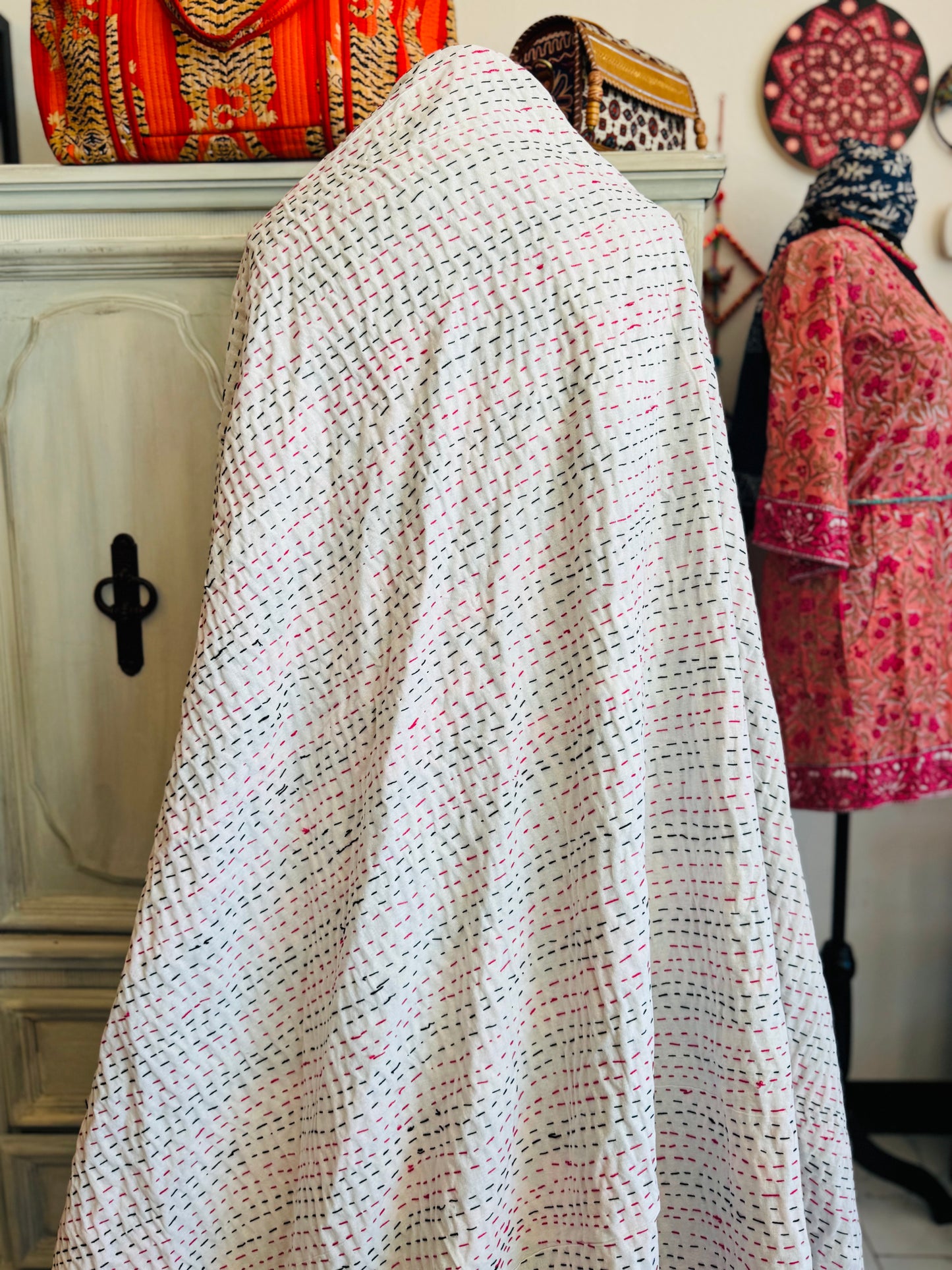 Midnight Dahlia – Handblock Printed Kantha Quilt | Cotton | Handmade | Full Size