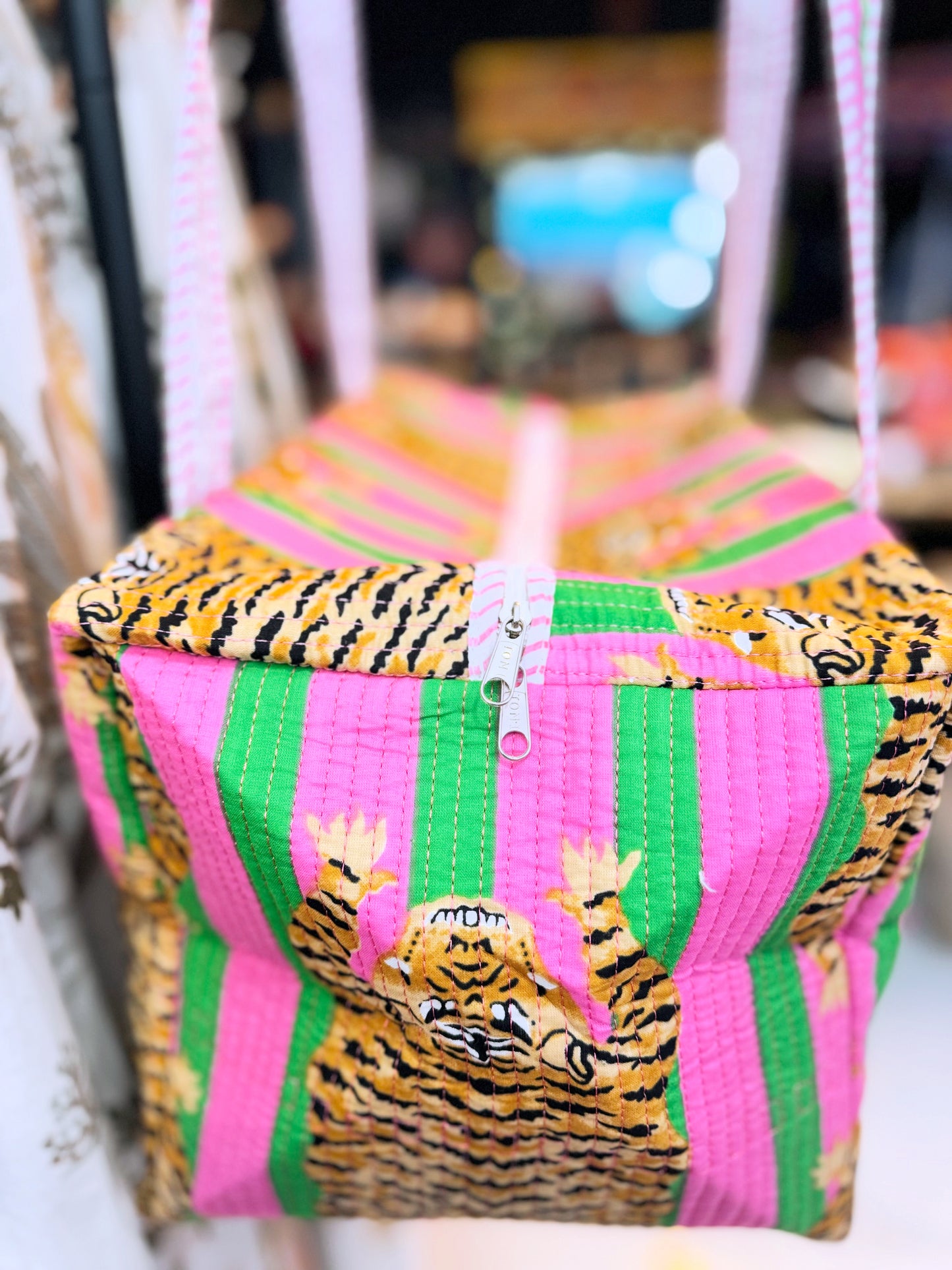 Pink & Green Tiger Print Quilted Duffel Bag – Handmade Block Print Weekender Travel Bag