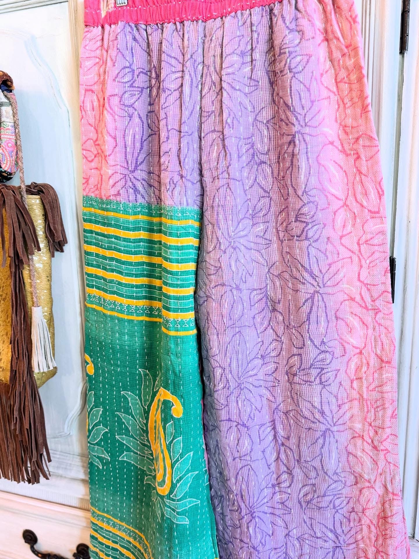 Rose Garden – Handmade Kantha Cotton Pants | Wide Leg Boho Trousers
