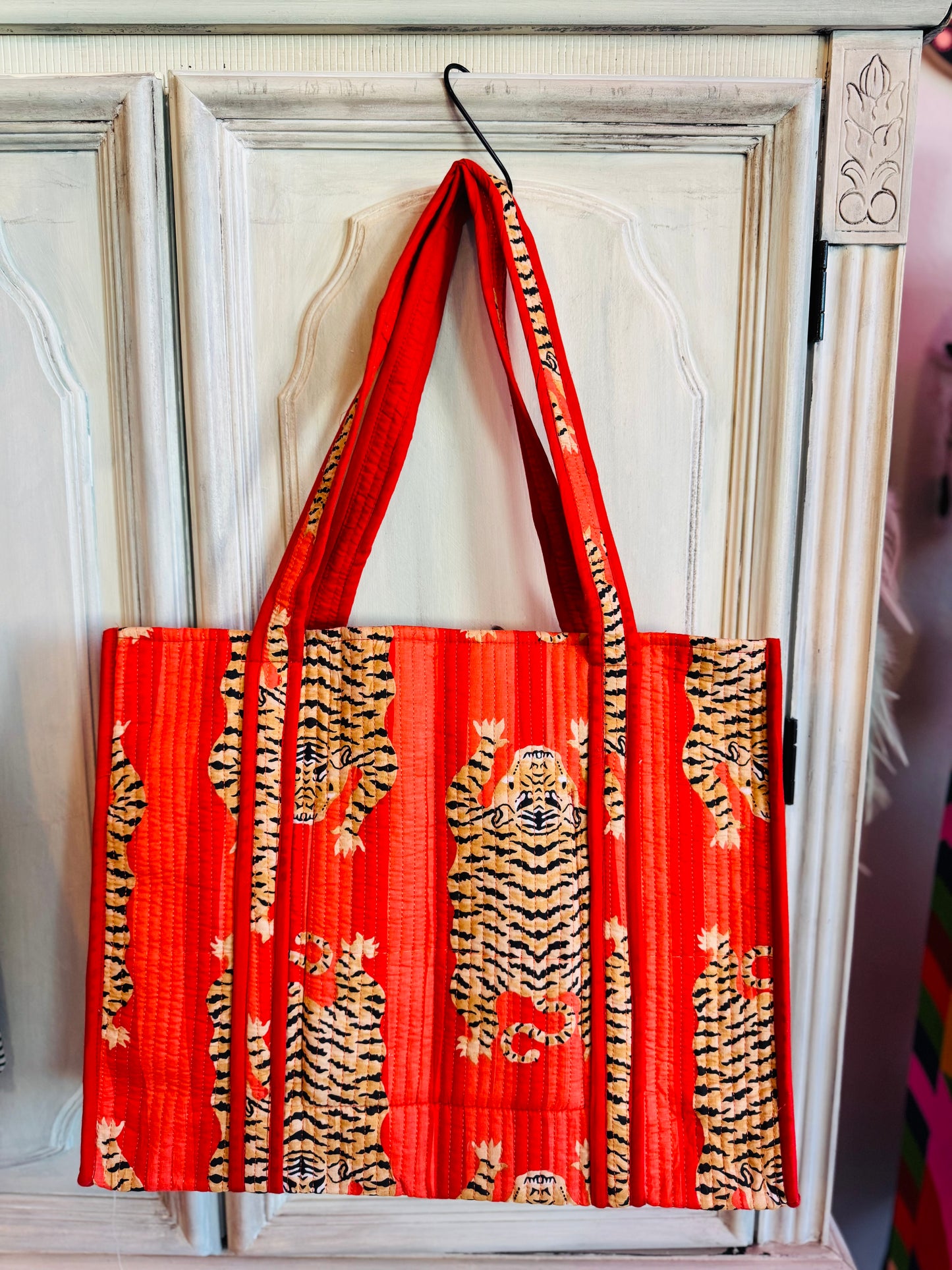 Scarlet Safari Tote – Handmade Quilted Cotton Bag | Orange Tiger Print Carryall