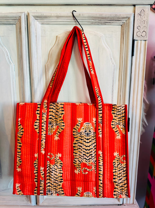 Scarlet Safari Tote – Handmade Quilted Cotton Bag | Orange Tiger Print Carryall