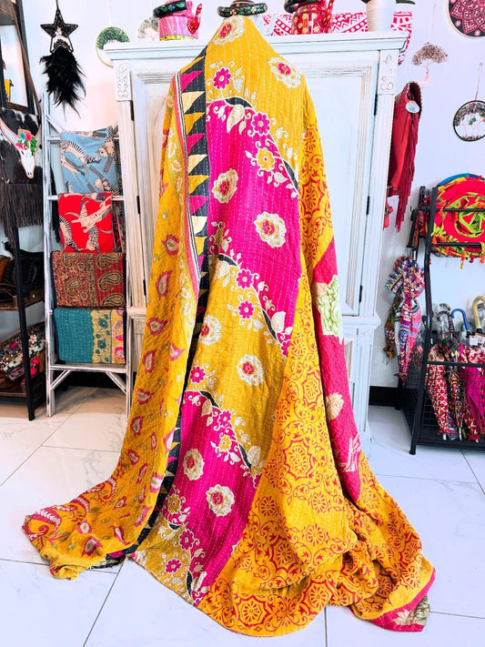 Pink Saree Kantha Quilt – Handmade Queen Size Blanket