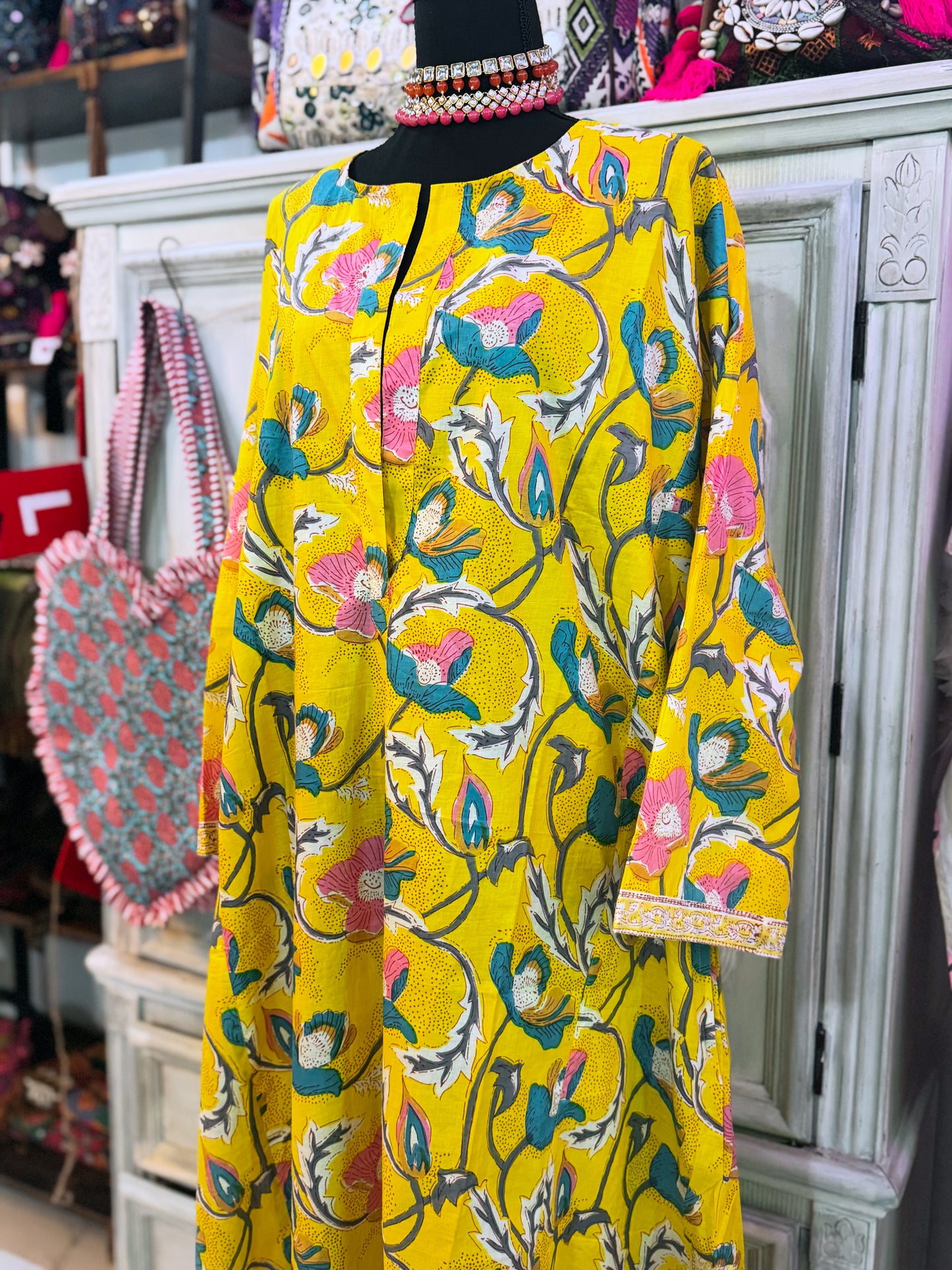Golden Marigold Hand Block Print Cotton Maxi Dress – Women’s Long Sleeve Dress with Pockets