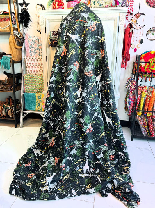 Beasts & Wings - Handblock Printed Kantha Quilt – 100% Cotton | Handmade