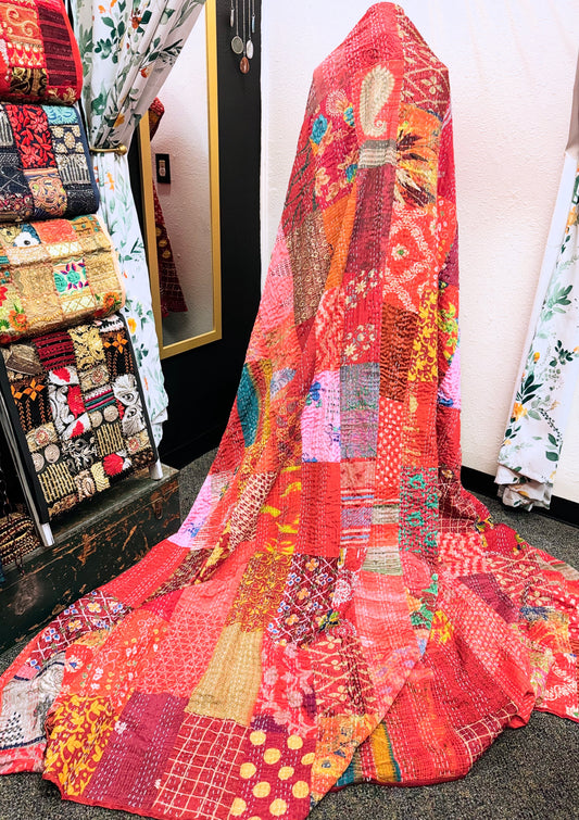Silk Patchwork Kantha Quilt - Red- Handmade | Silk | Cotton | Queen | King