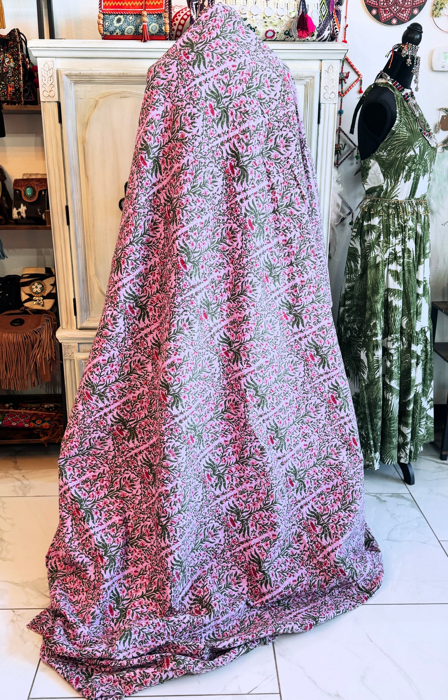 Blush Garden Kantha Quilt – Handmade 100% Cotton Floral Bedspread | Handblock Print Blanket (90x110)