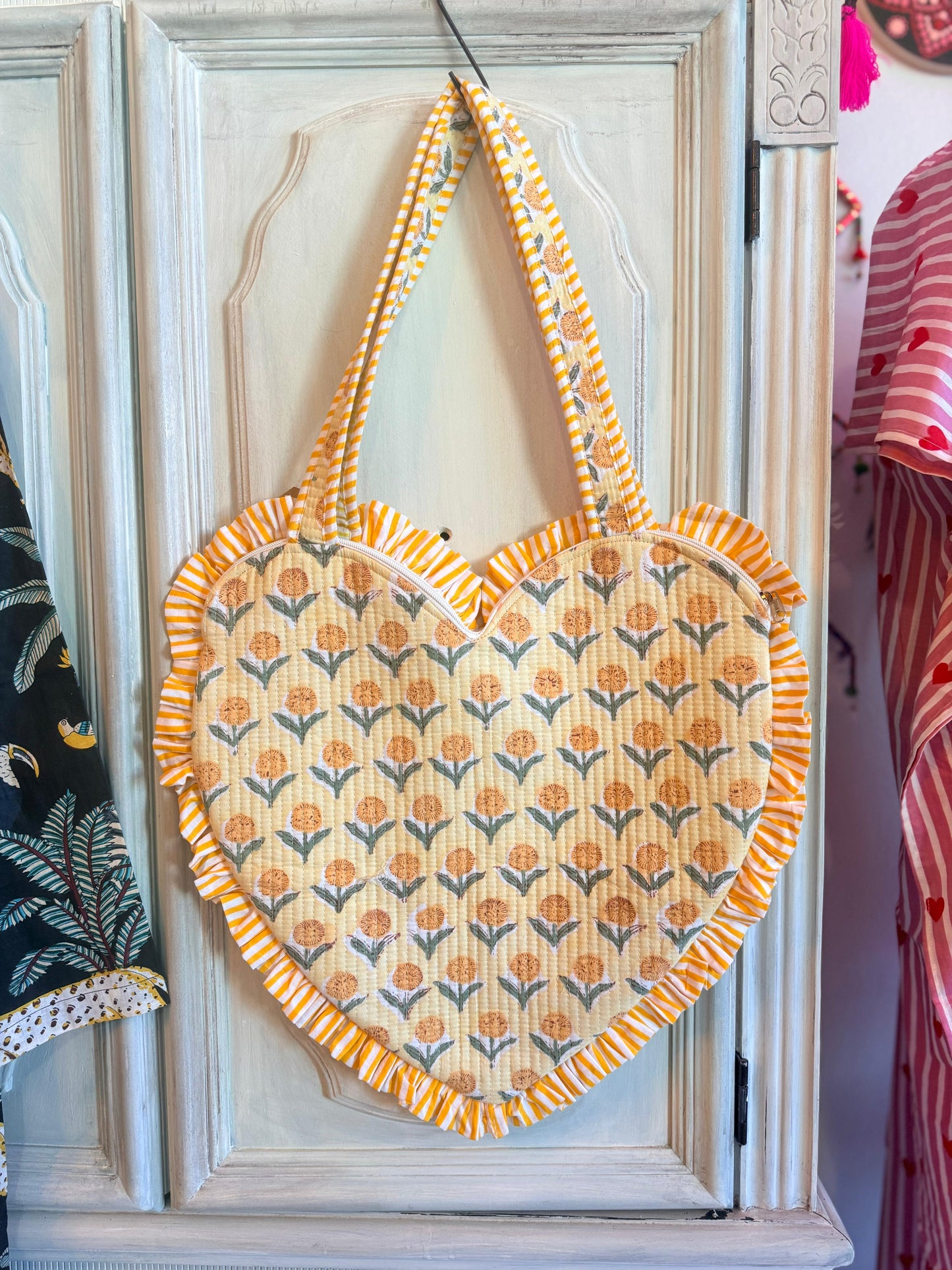 Golden Bloom Heart Tote – Handmade Quilted Cotton Bag with Zipper & Frill Detail | Spring Gift